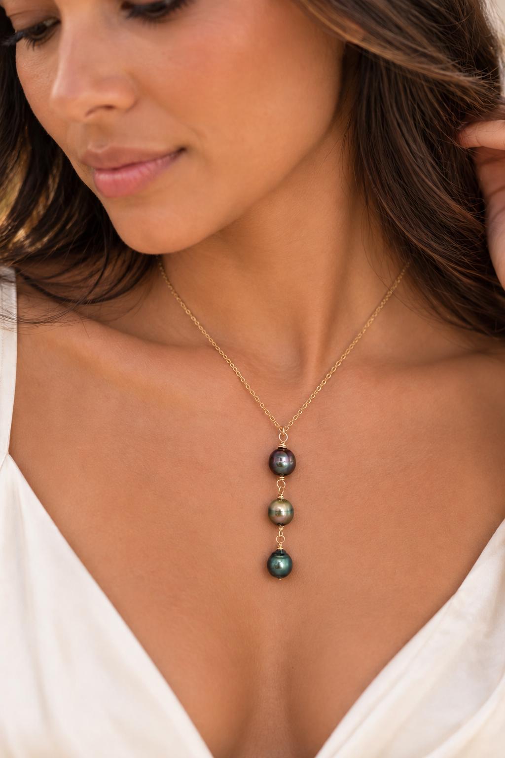Tahitian Pearl Drop Necklace • Triple • Trio • 14k Gold-Filled • Aubergine, Pistachio and Green