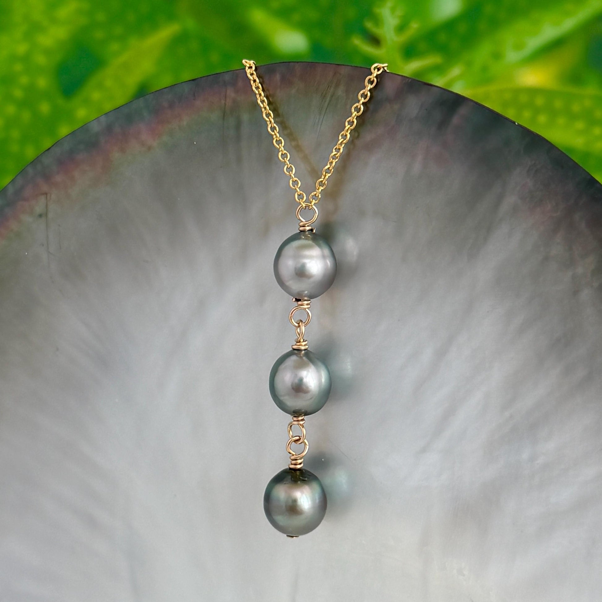 Tahitian Pearl Drop Necklace • Triple • Trio • 14k Gold-Filled • Silver Light Color
