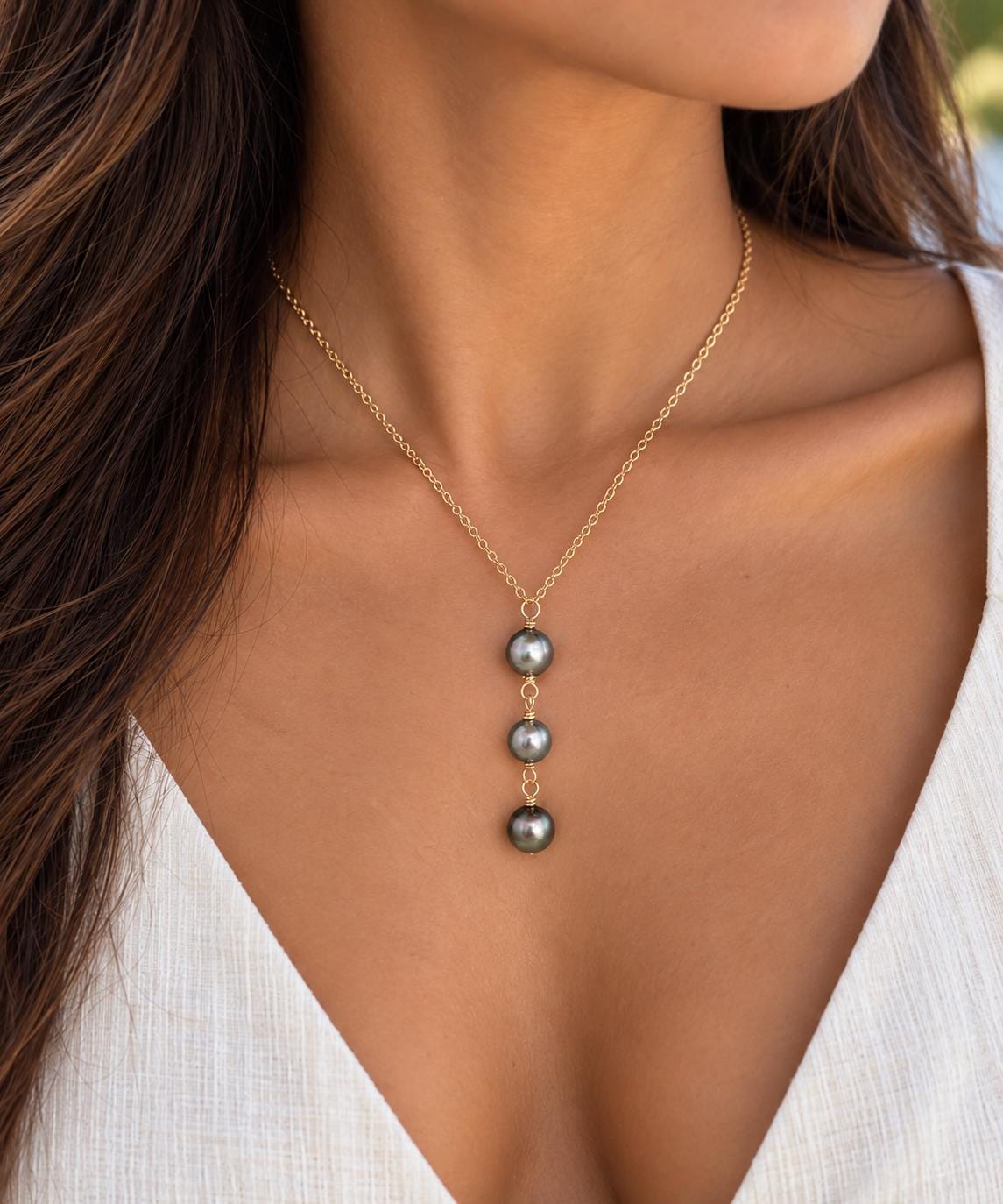 Tahitian Pearl Drop Necklace • Triple • Trio • 14k Gold-Filled • Silver Light Color