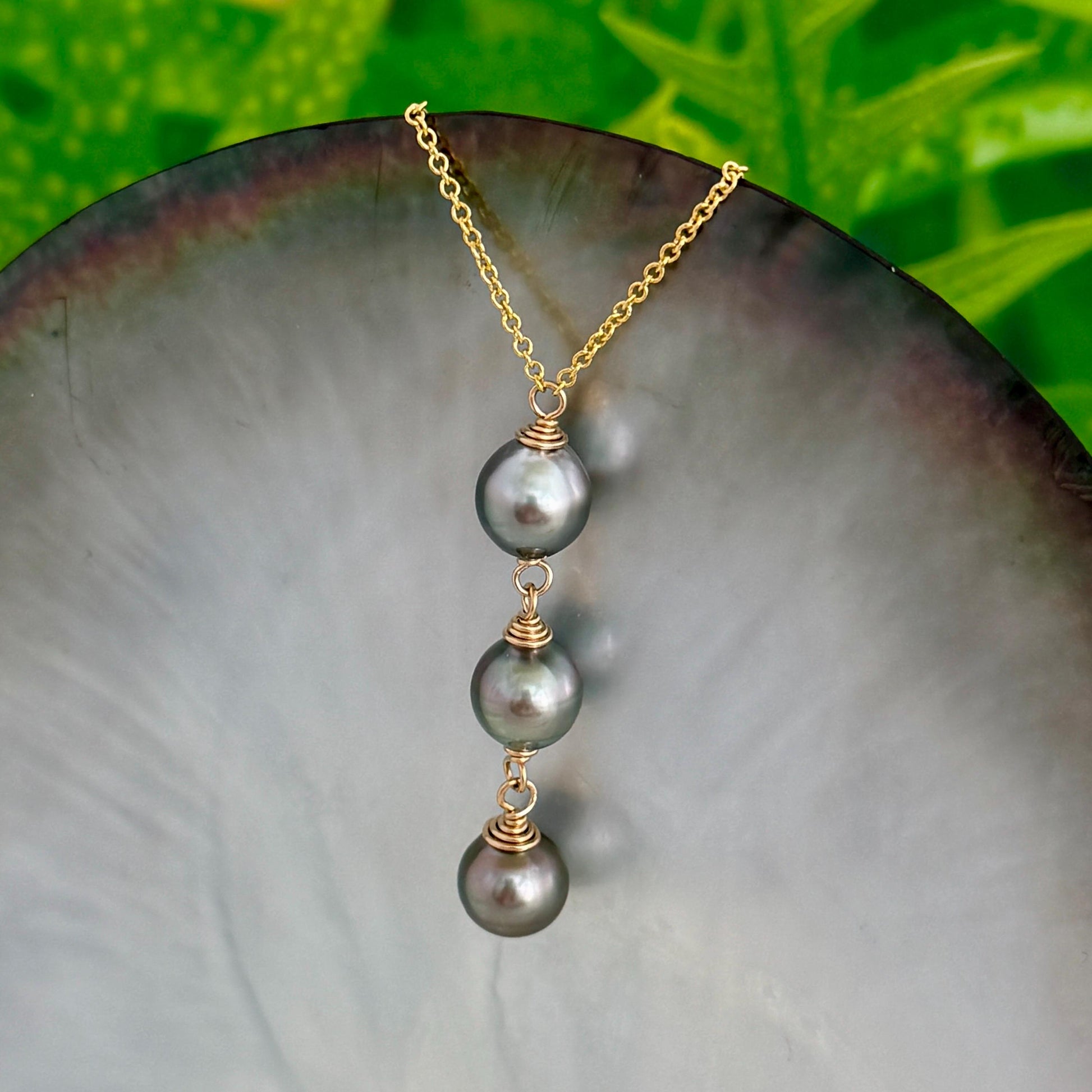 Tahitian Pearl Drop Necklace • Triple • Trio • 14k Gold-Filled • Pastel Peacock Color
