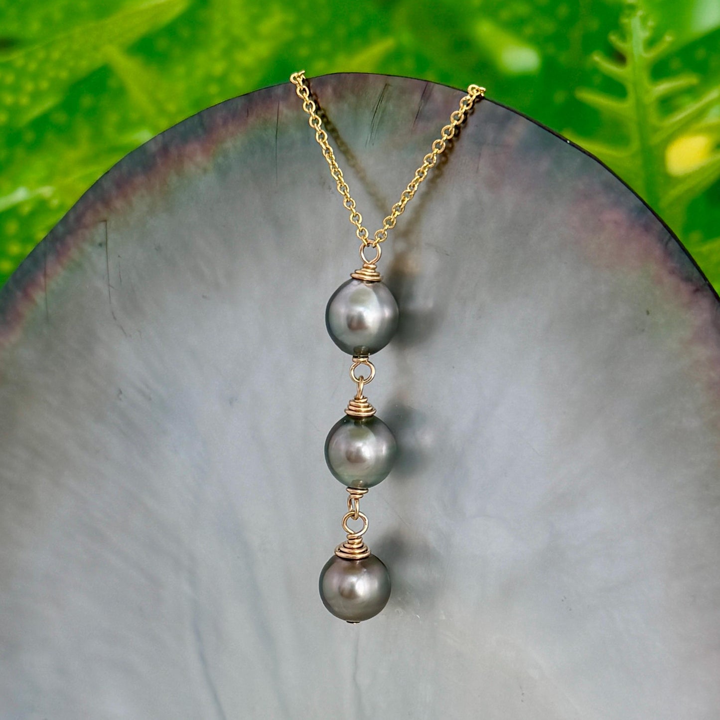 Tahitian Pearl Drop Necklace • Triple • Trio • 14k Gold-Filled • Pastel Peacock Color