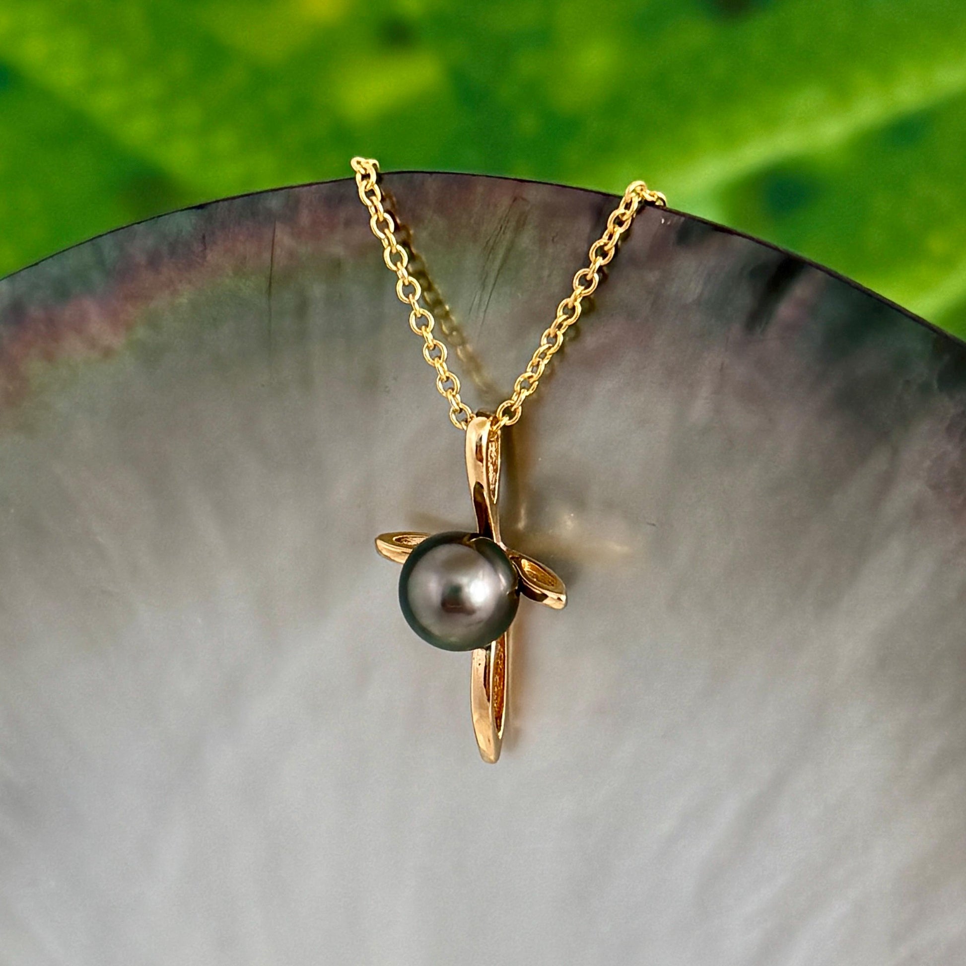 Tahitian Pearl Pendant • 14k Gold plated Cross • Peacock Pink and Green