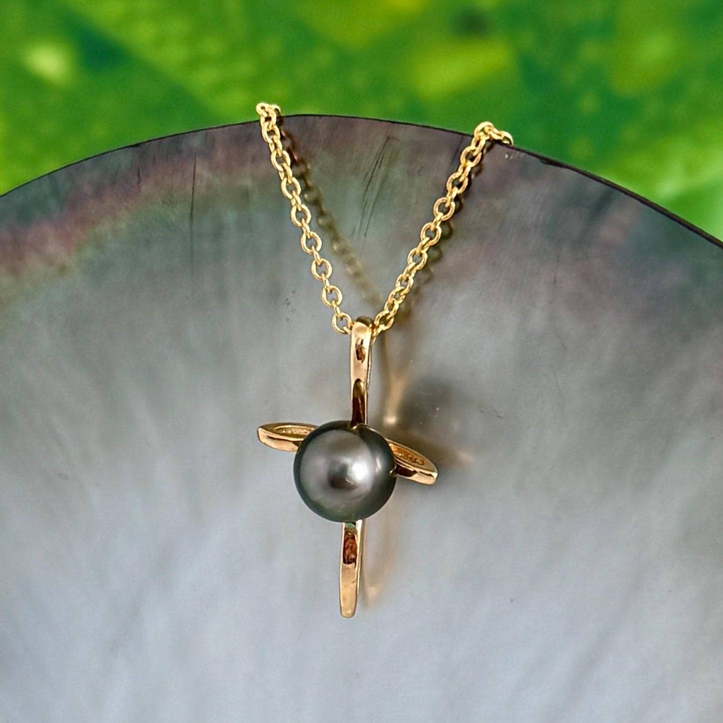 Tahitian Pearl Pendant • 14k Gold plated Cross • Peacock Pink and Green
