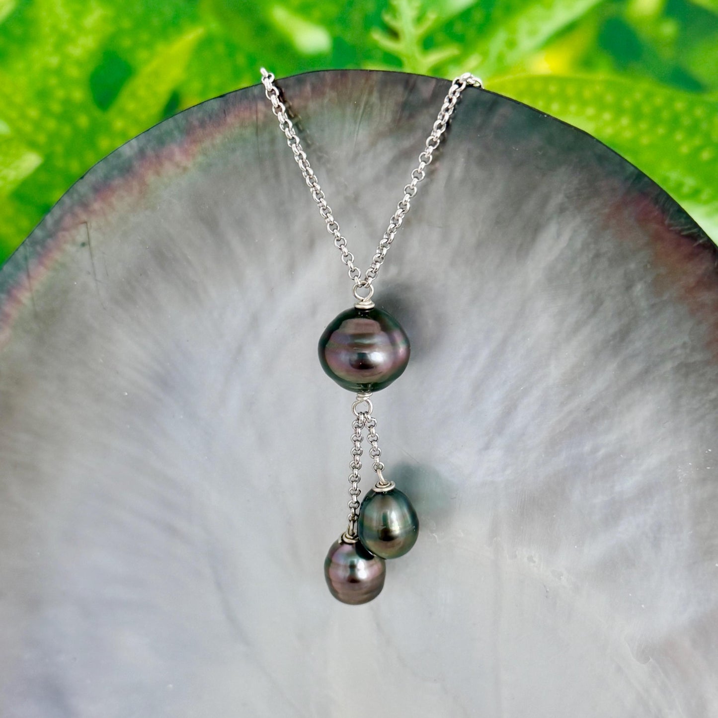 Tahitian pearl necklace with 3 pearls • Dangle Sterling Silver jewelry