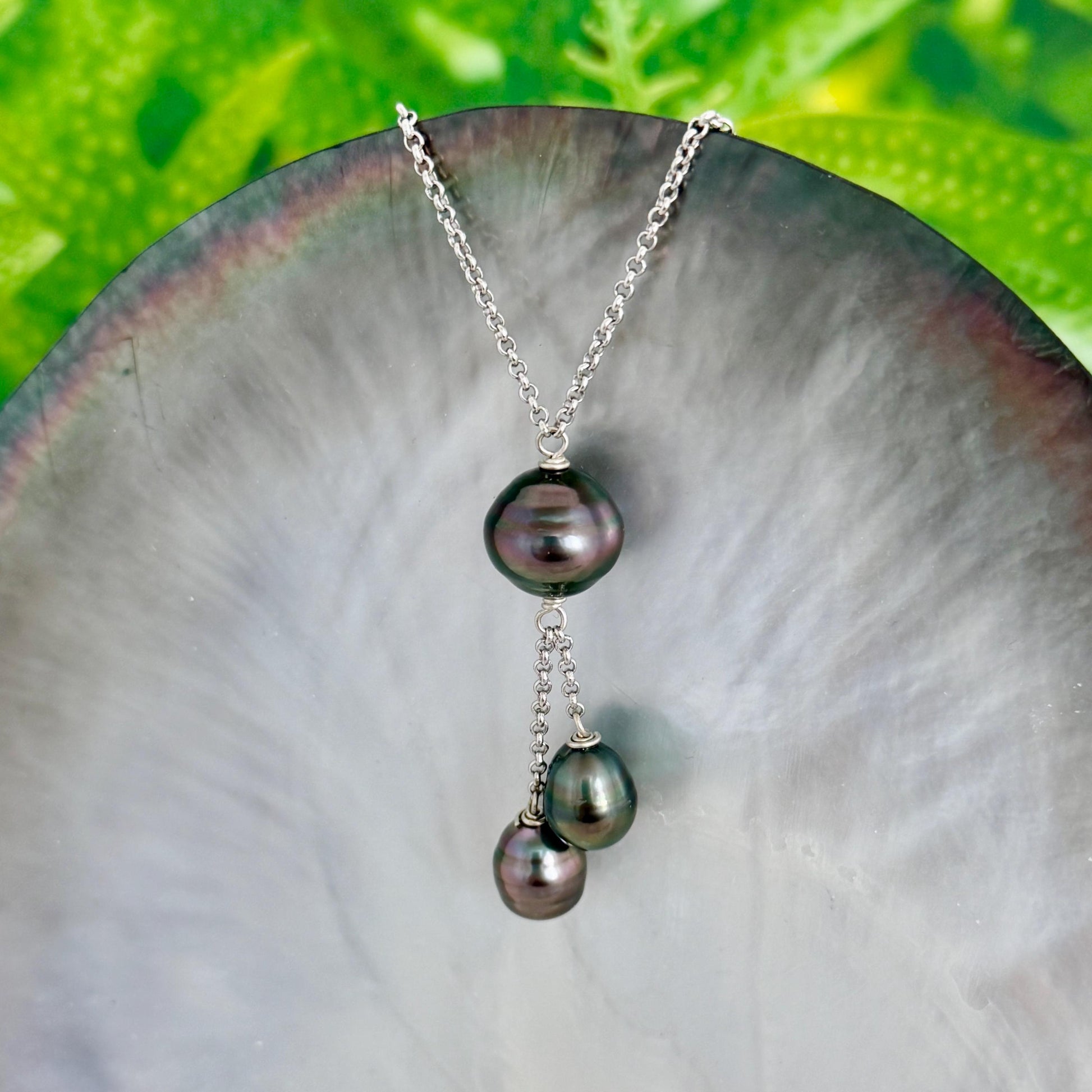 Tahitian pearl necklace with 3 pearls • Dangle Sterling Silver jewelry