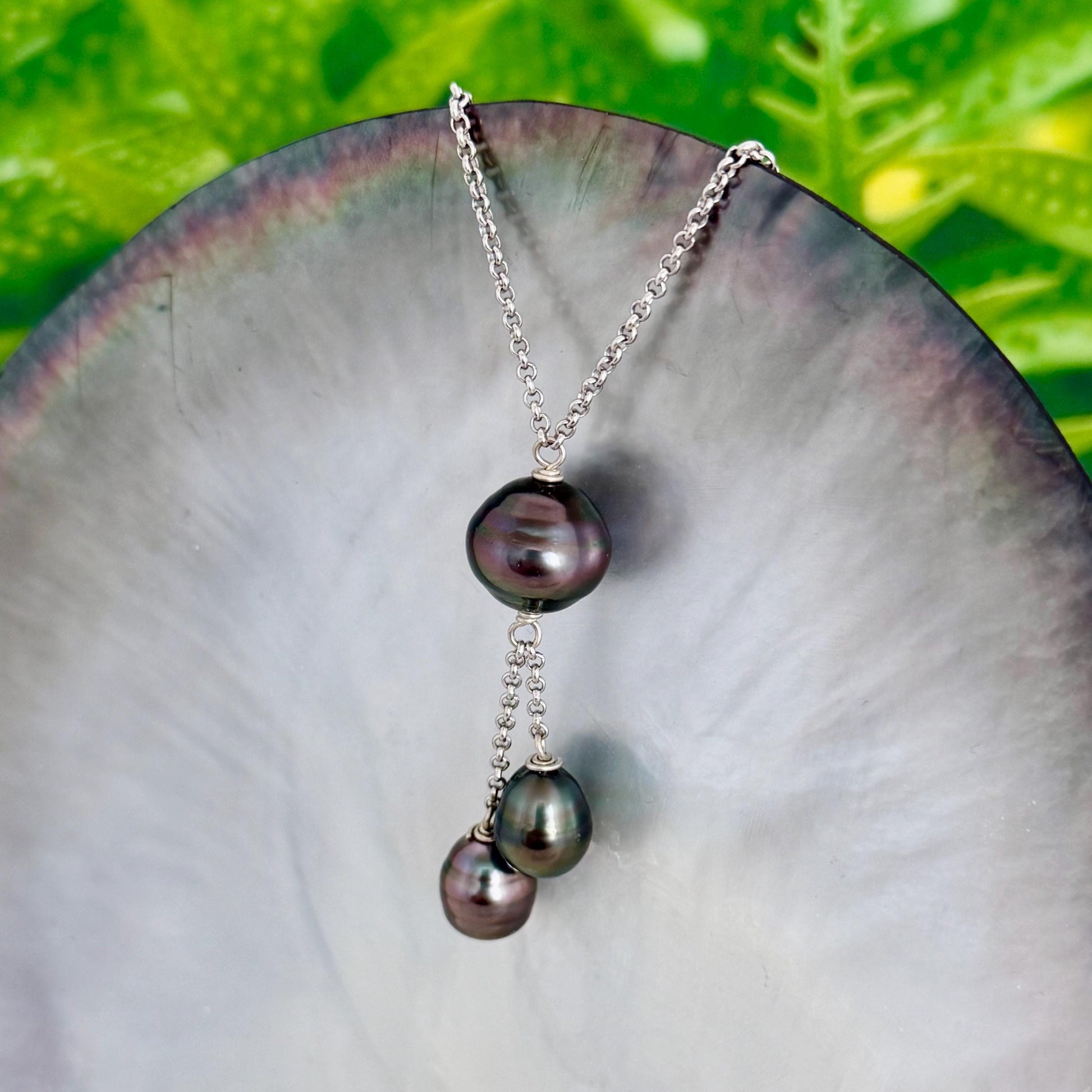 Tahitian pearl necklace with 3 pearls • Dangle Sterling Silver jewelry