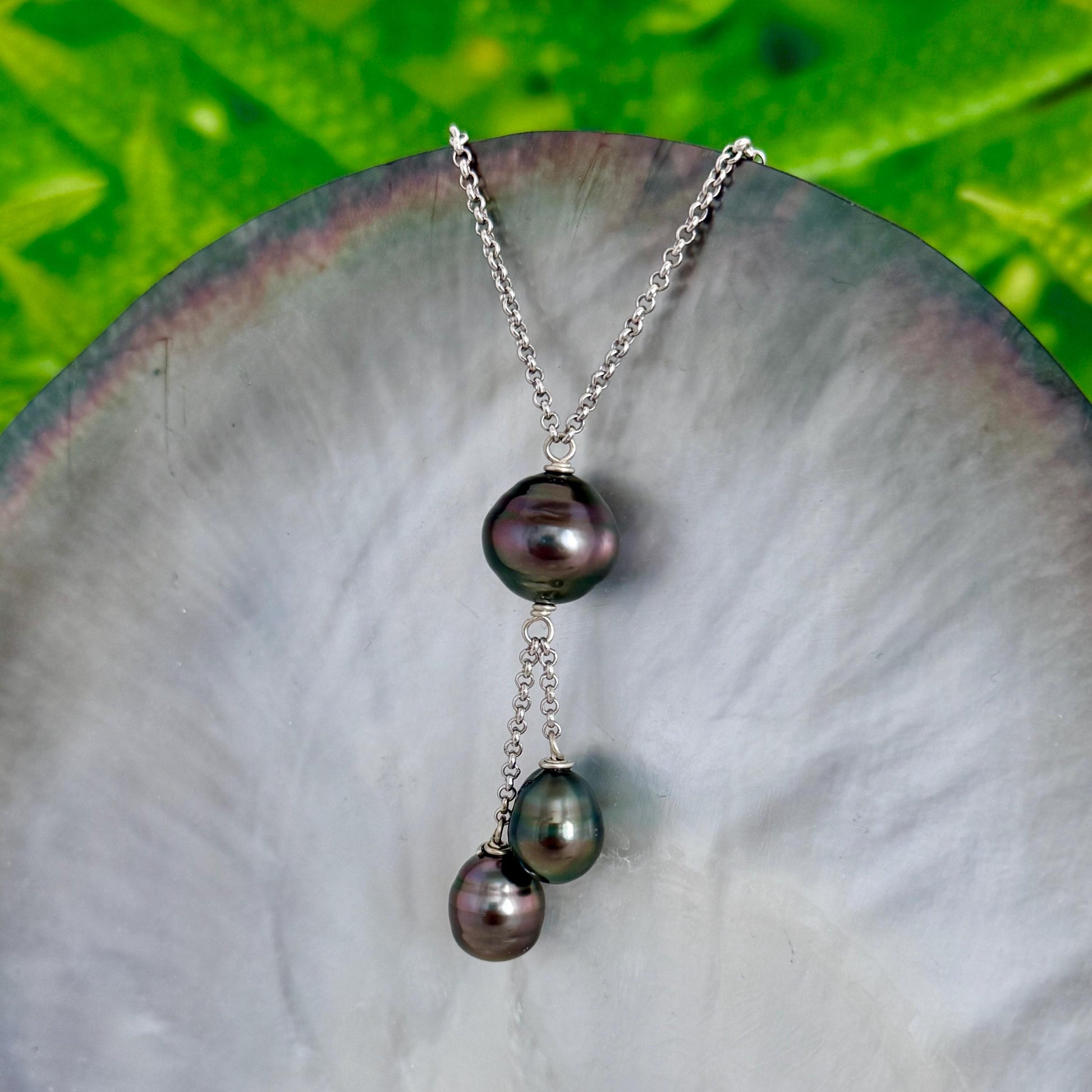 Tahitian pearl necklace with 3 pearls • Dangle Sterling Silver jewelry
