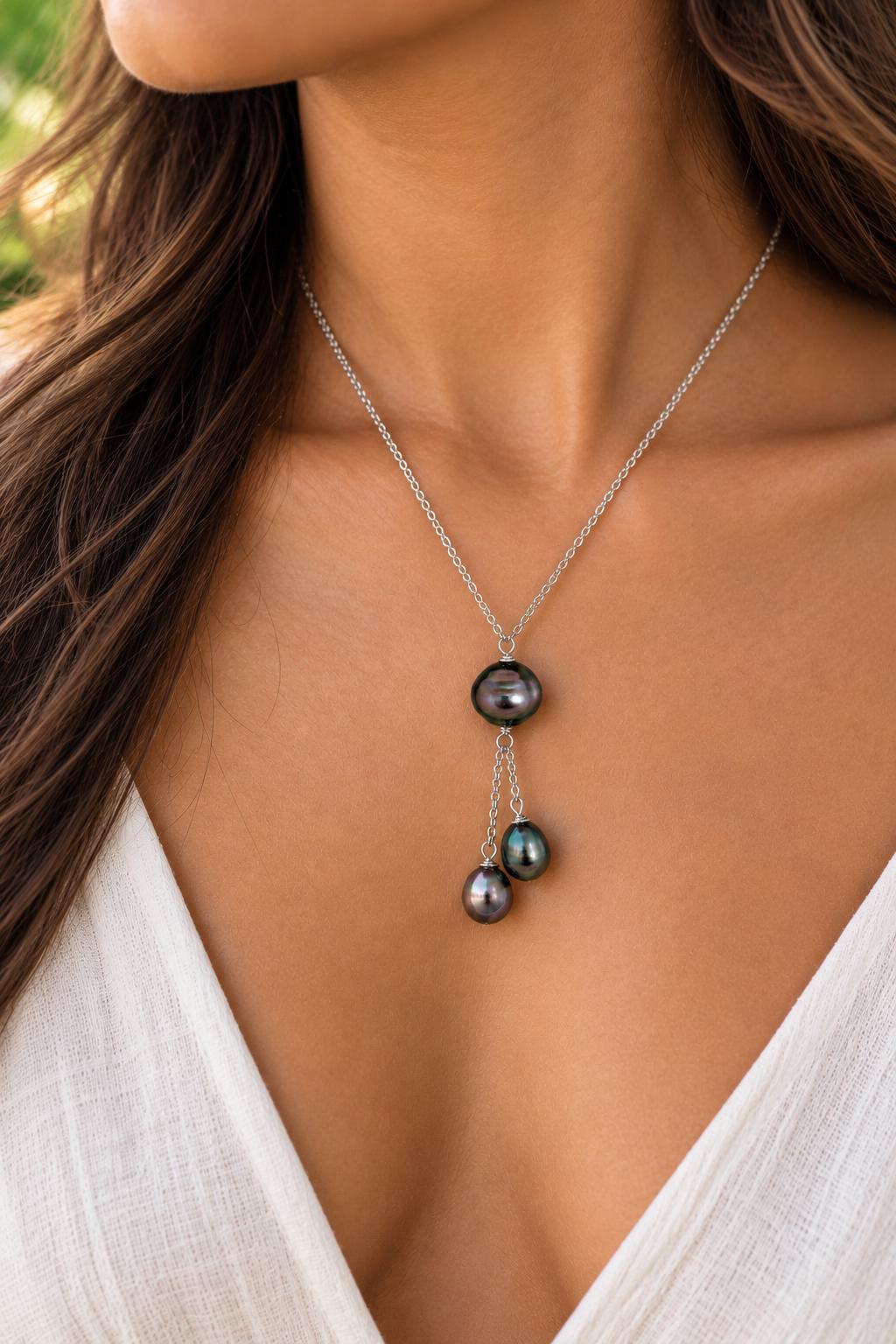 Tahitian pearl necklace with 3 pearls • Dangle Sterling Silver jewelry