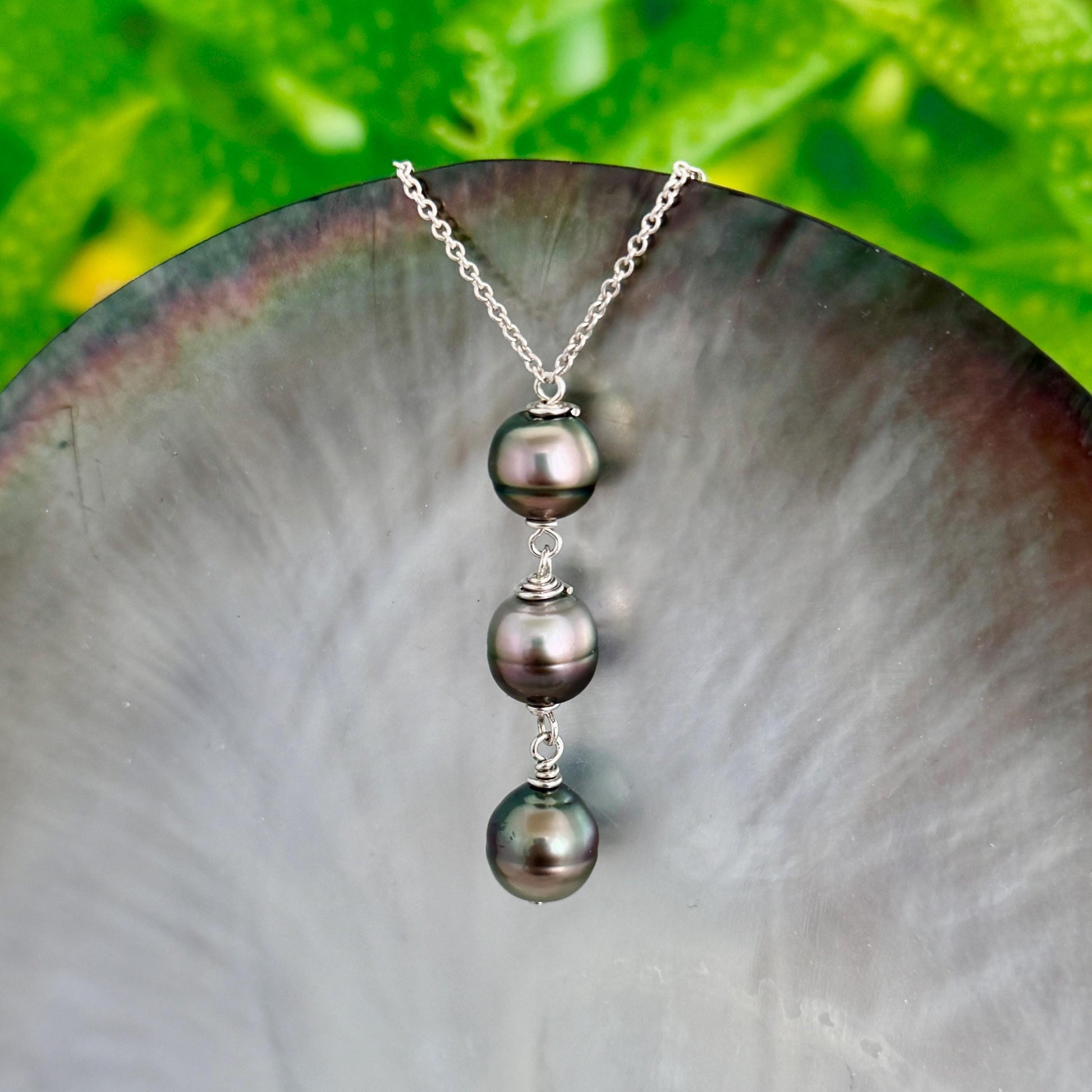 Tahitian Pearl Drop Necklace • Triple • Trio • Sterling silver