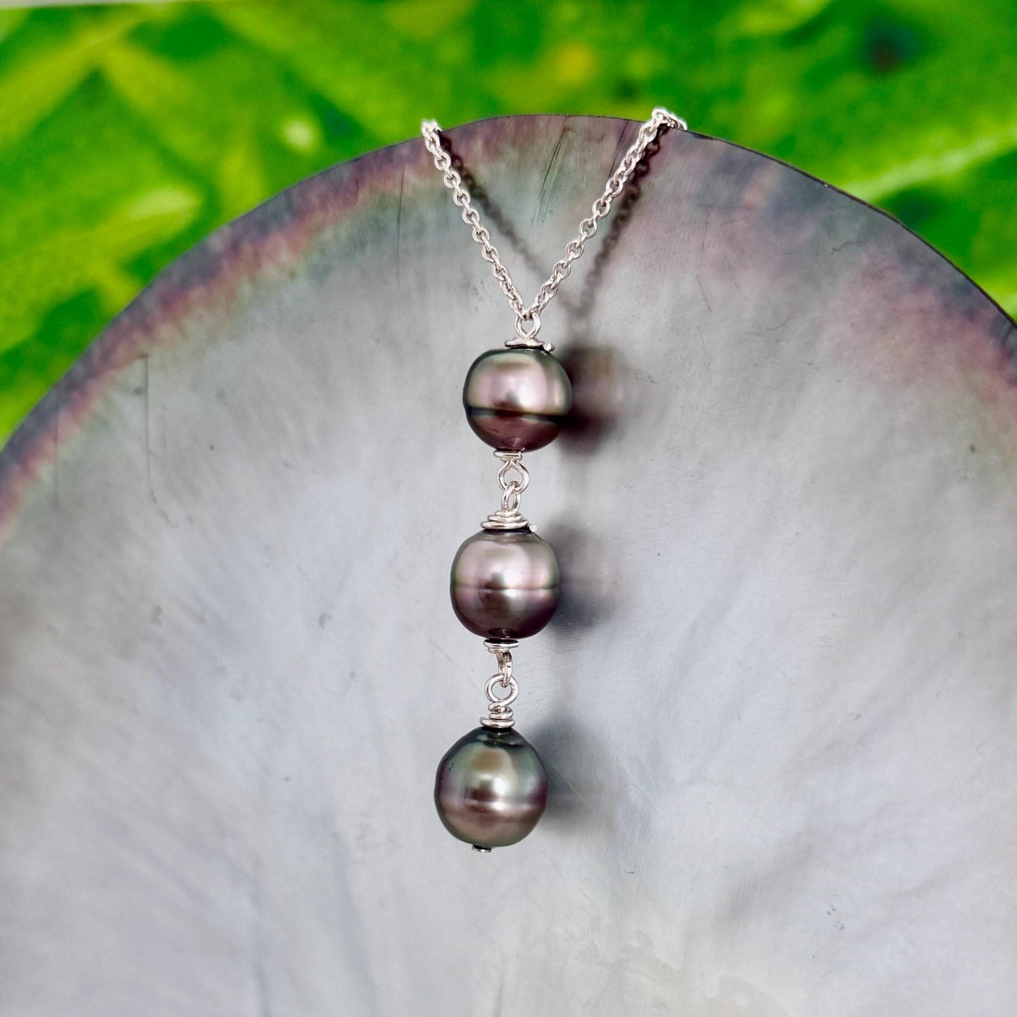 Tahitian Pearl Drop Necklace • Triple • Trio • Sterling silver