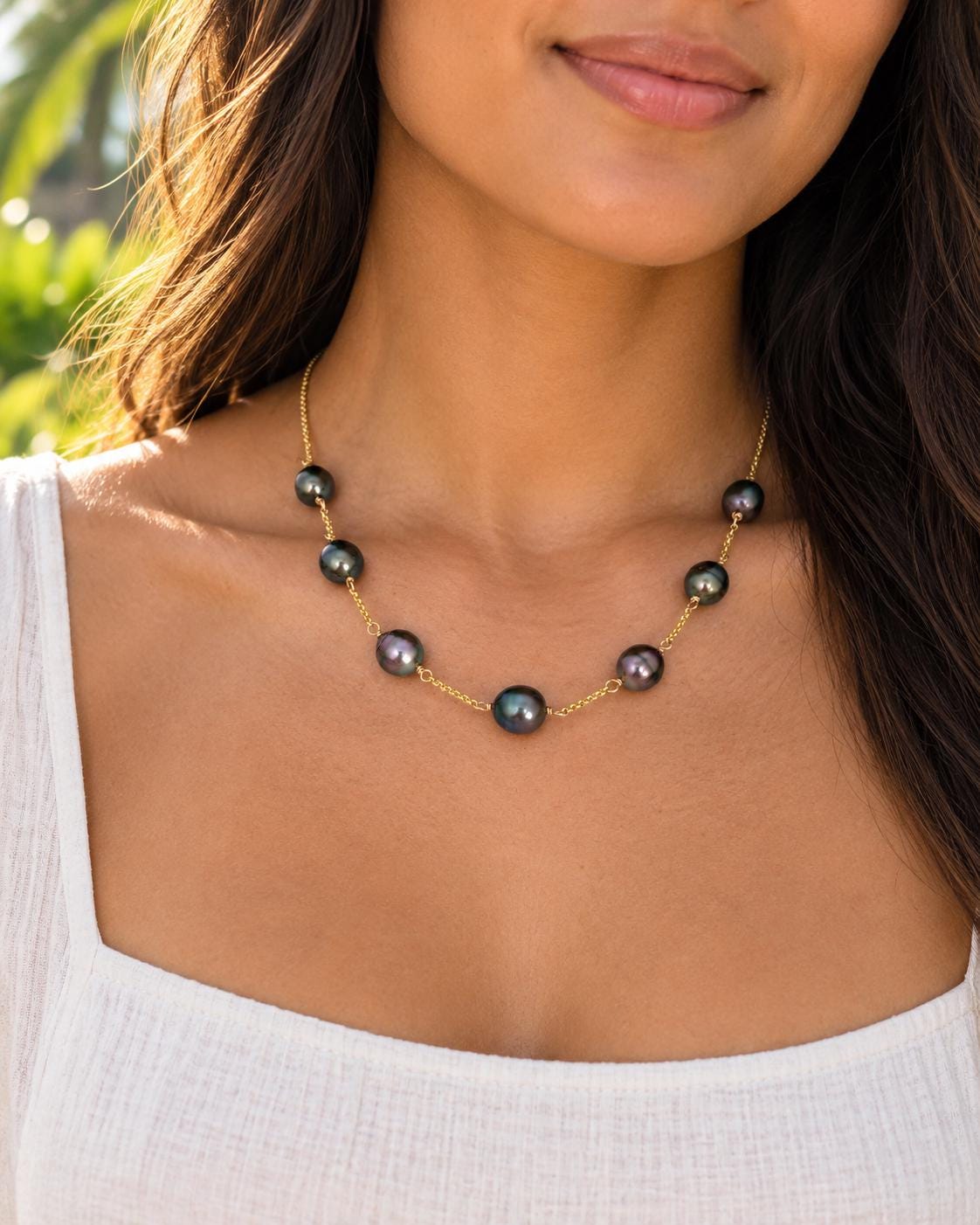 Tahitian pearl necklace • Gold filled Link chain • multicolor peacock, aubergine color