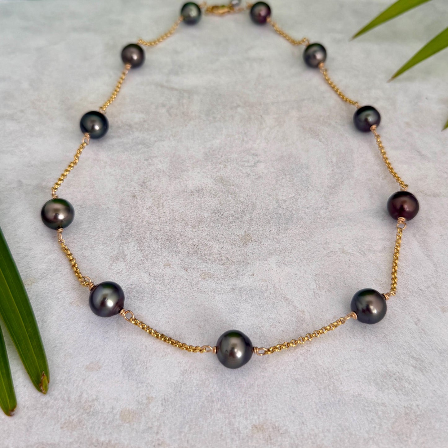 Tahitian Pearl choker Necklace • Gold filled link chain • 11 pearls