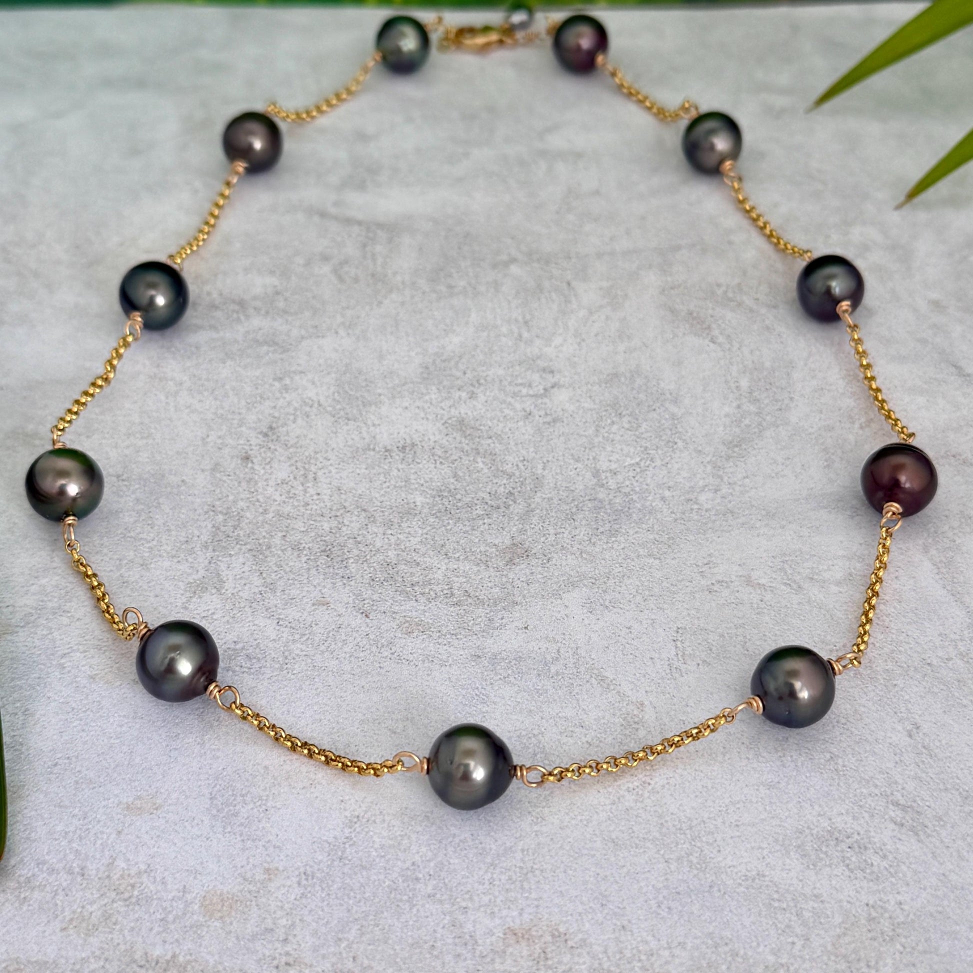 Tahitian Pearl choker Necklace • Gold filled link chain • 11 pearls