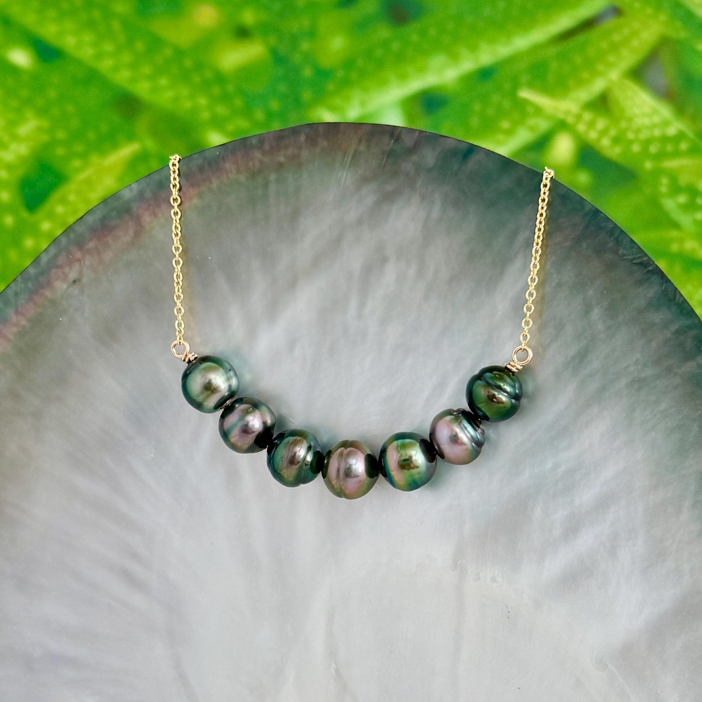 Tahitian Pearl Necklace • U Bar style • Gold filled • 7 Peacock colors