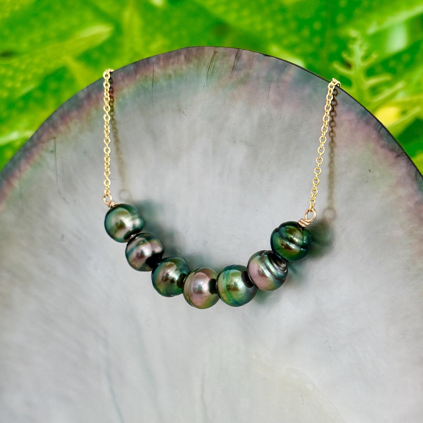 Tahitian Pearl Necklace • U Bar style • Gold filled • 7 Peacock colors