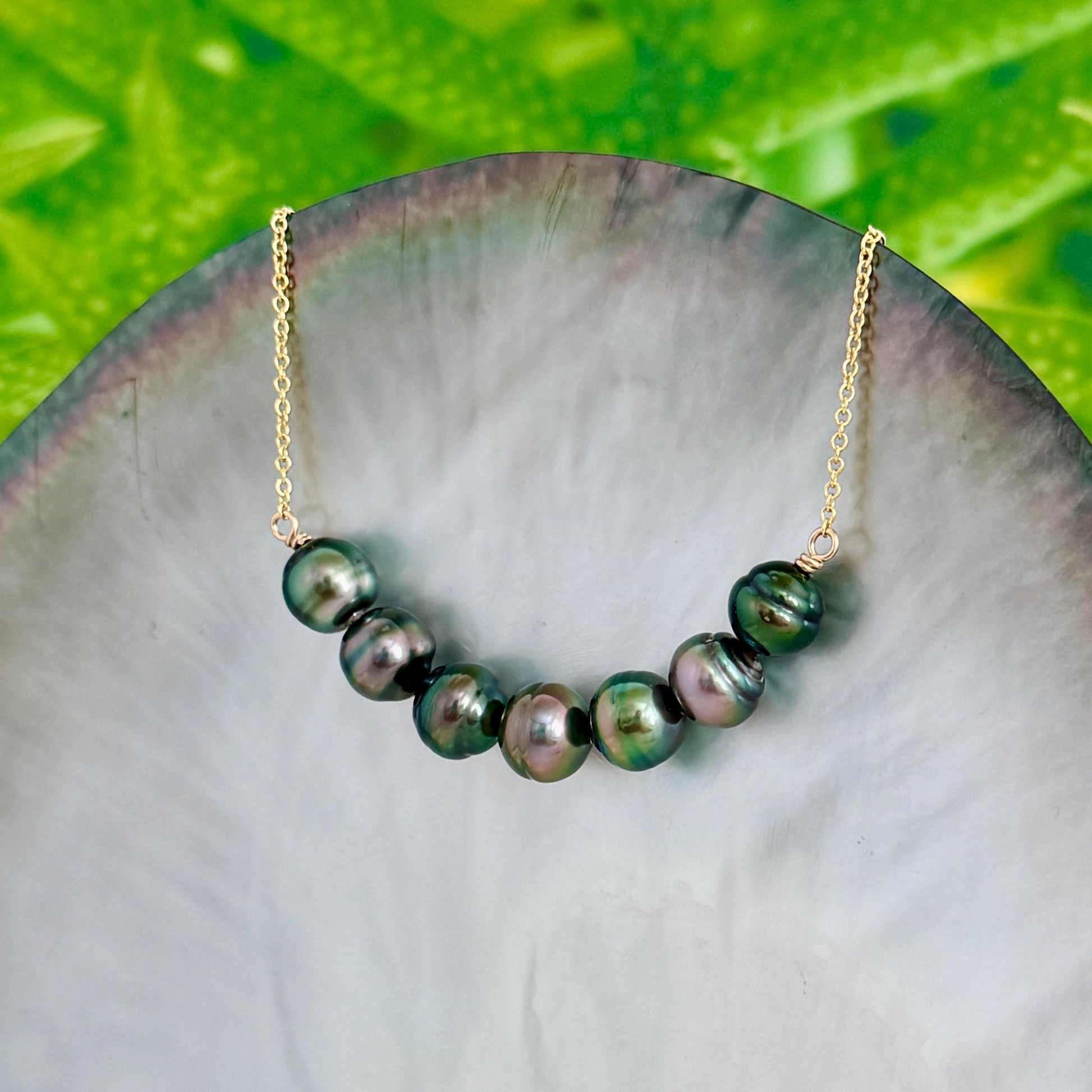 Tahitian Pearl Necklace • U Bar style • Gold filled • 7 Peacock colors