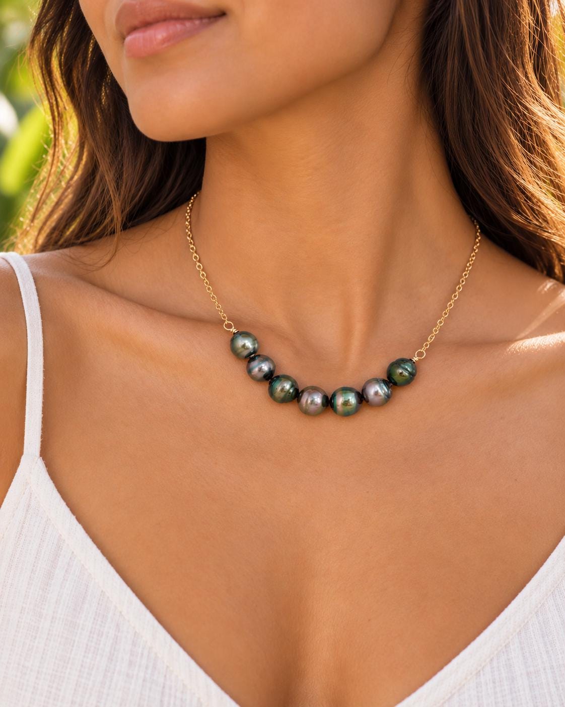 Tahitian Pearl Necklace • U Bar style • Gold filled • 7 Peacock colors
