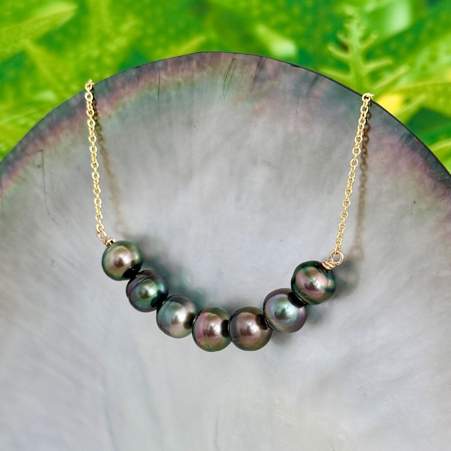 Tahitian Pearl Necklace • U Bar style • Gold filled • 7 Peacock, Purple, Aubergine colors