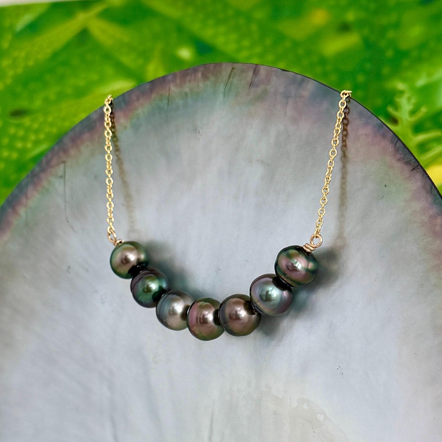 Tahitian Pearl Necklace • U Bar style • Gold filled • 7 Peacock, Purple, Aubergine colors