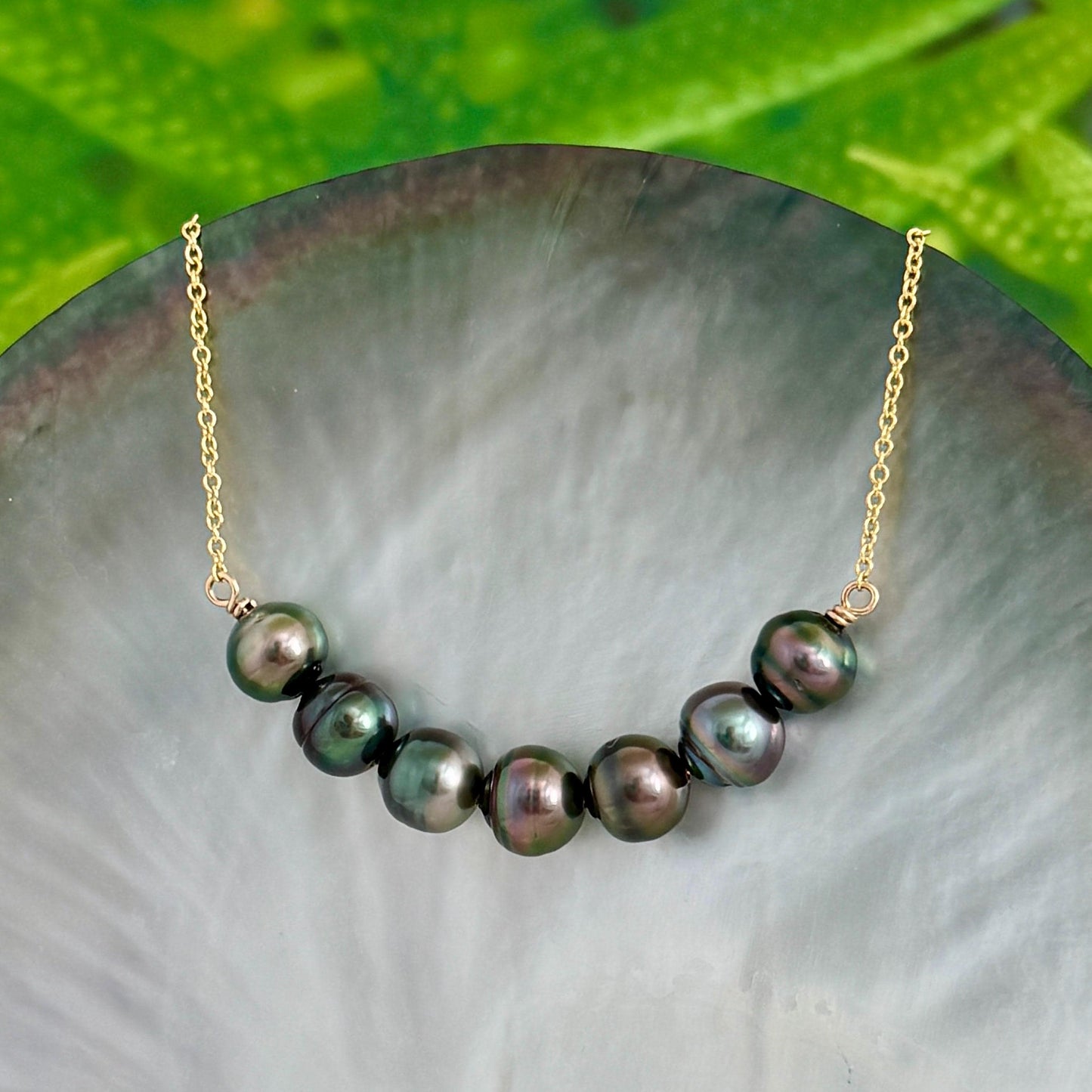 Tahitian Pearl Necklace • U Bar style • Gold filled • 7 Peacock, Purple, Aubergine colors
