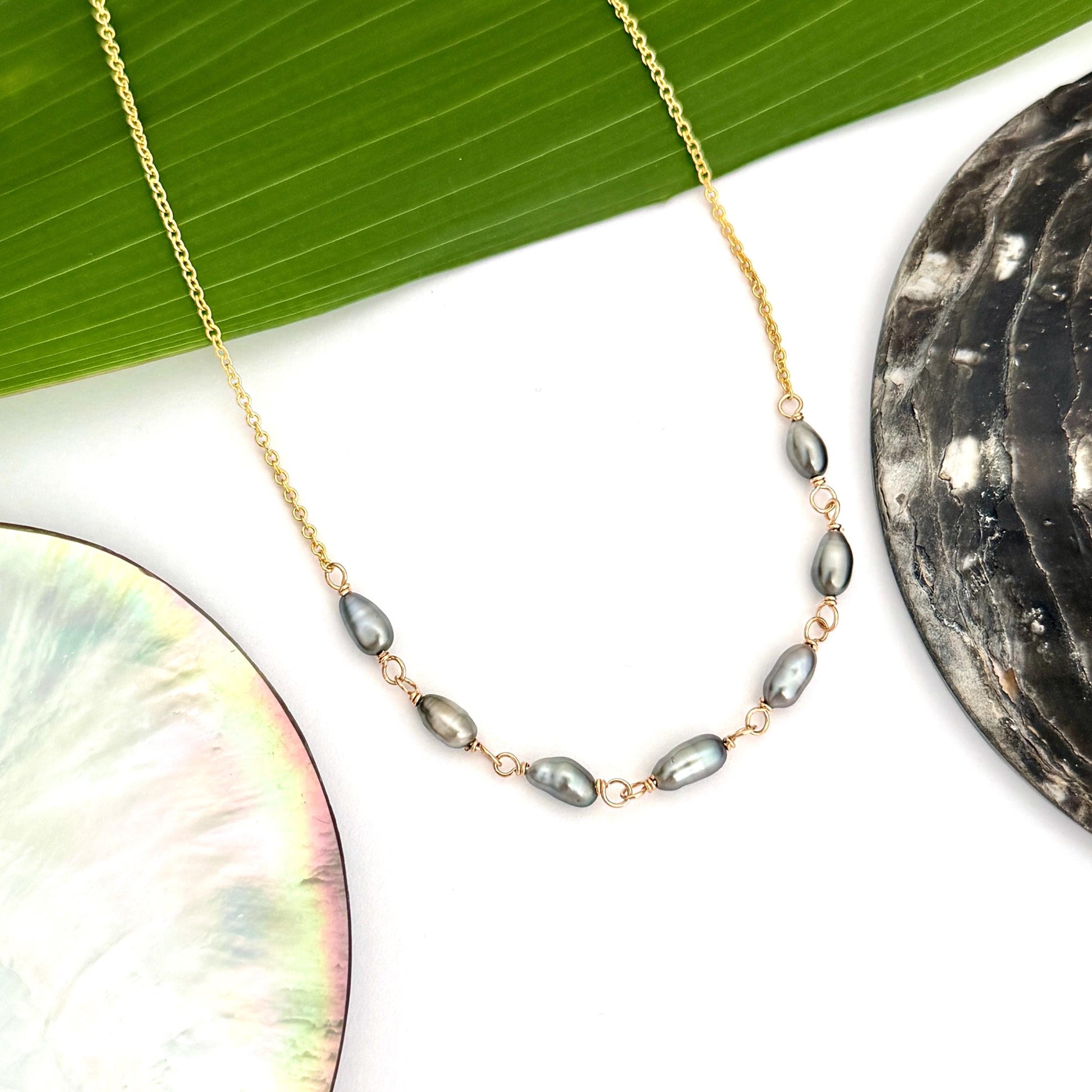Tahitian Keshi Pearl Necklace: Gold Filled or Sterling Silver • 7 Keshis
