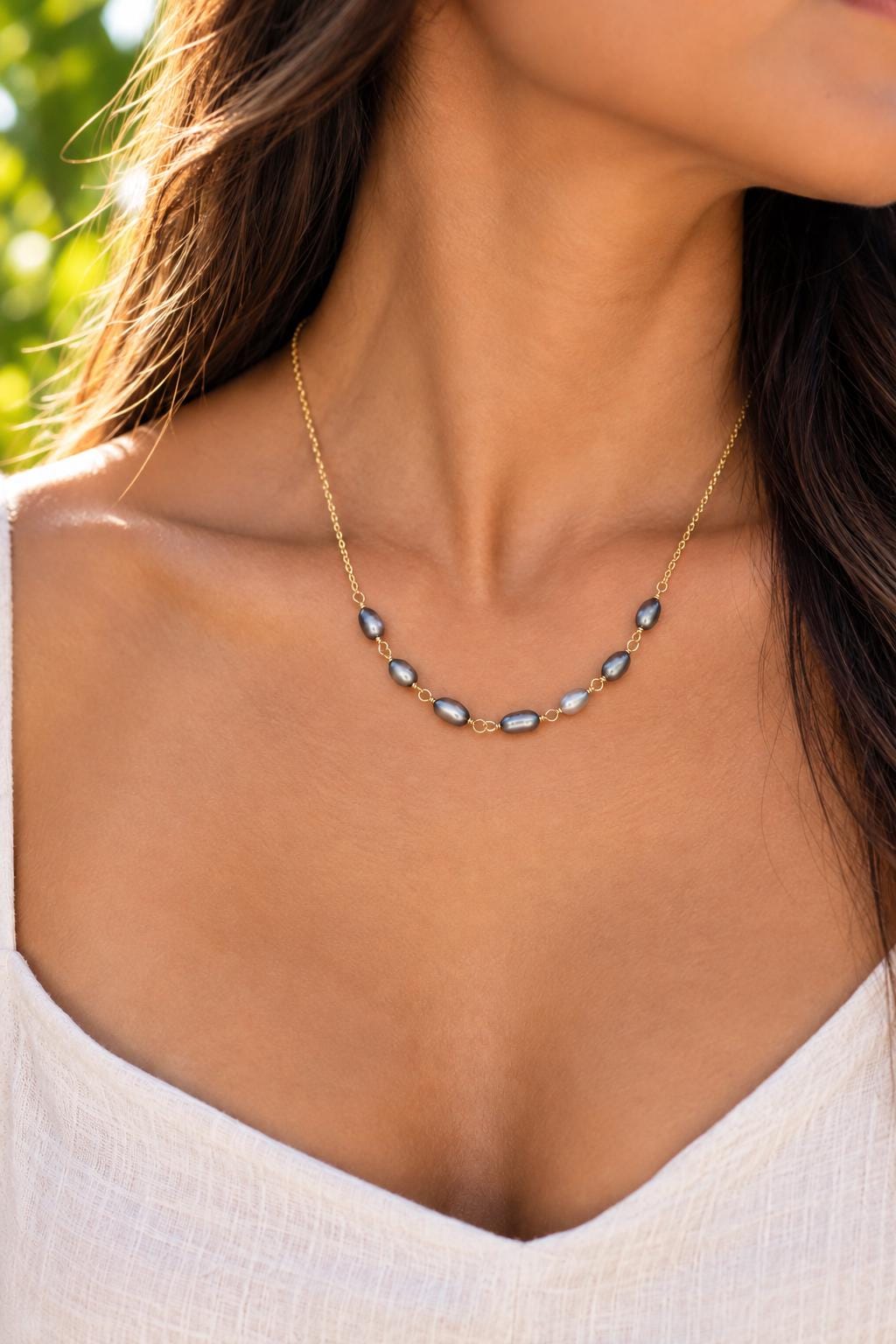 Tahitian Keshi Pearl Necklace: Gold Filled or Sterling Silver • 7 Keshis