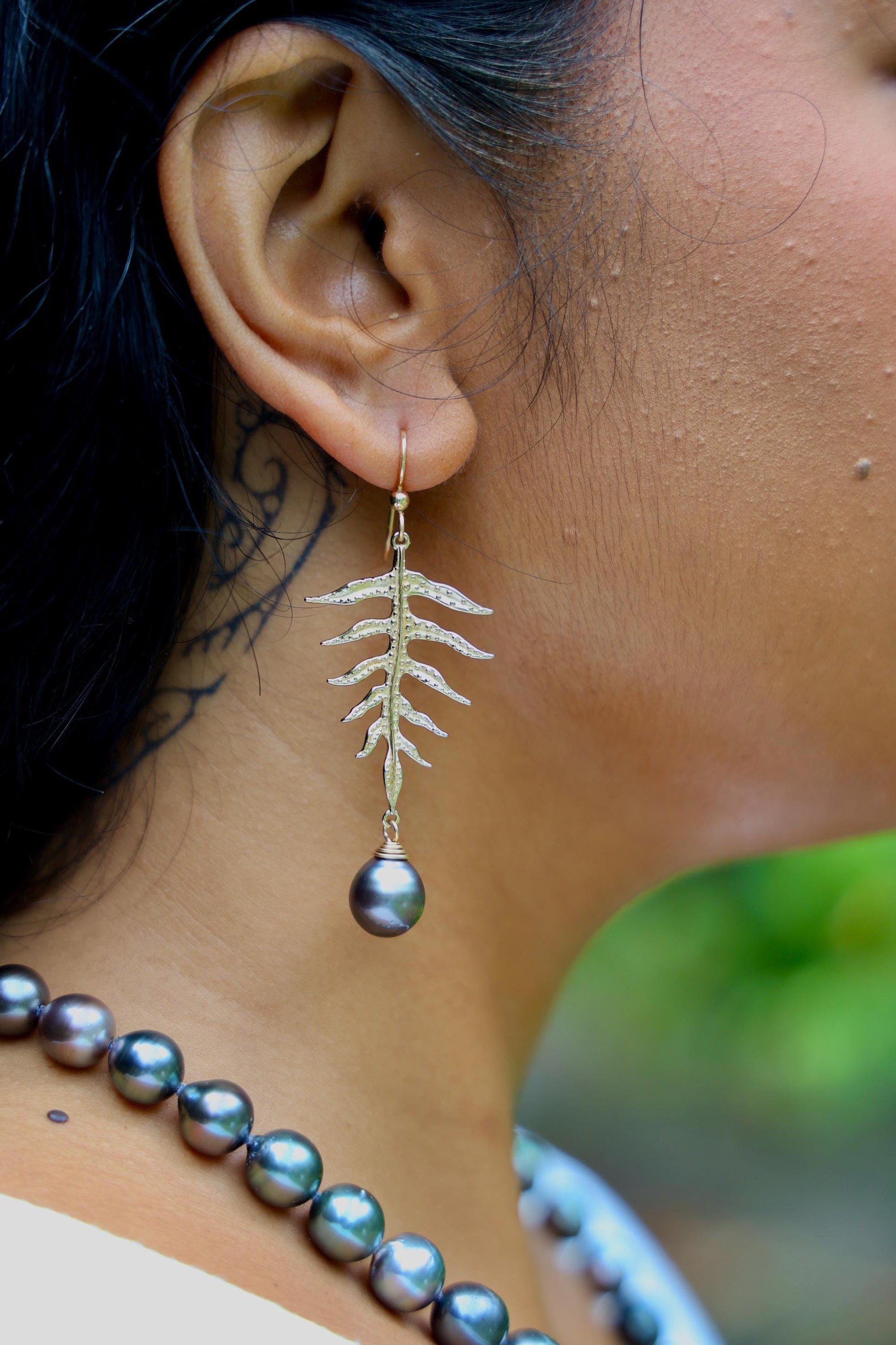 Laua’e Dangle Earrings • Tahitian black pearl jewelry