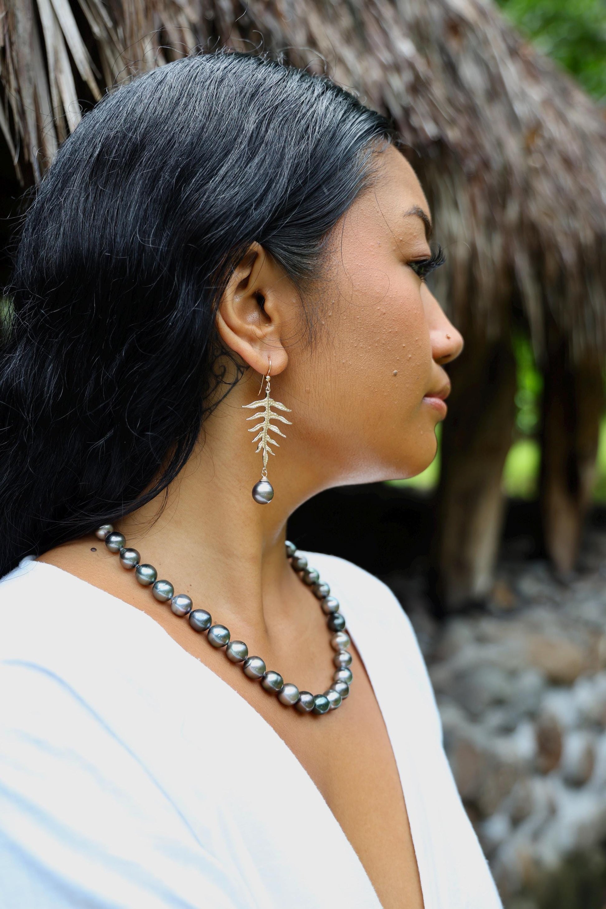 Laua’e Dangle Earrings • Tahitian black pearl jewelry