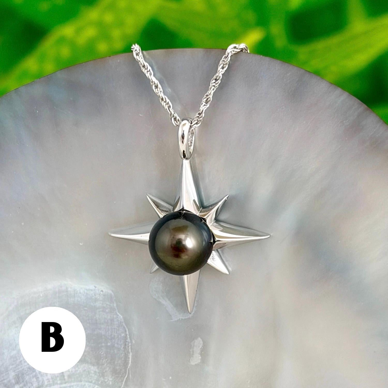 Tahitian Pearl Star Necklace: Sterling Silver Starburst Pendant, Hawaiian Jewelry