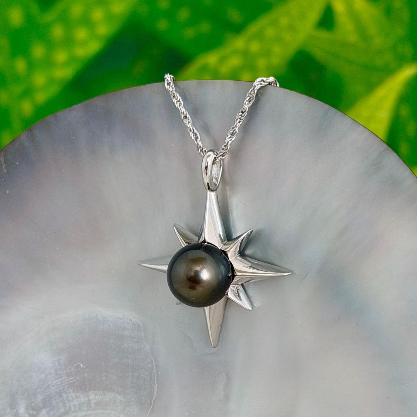 Tahitian Pearl Star Necklace: Sterling Silver Starburst Pendant, Hawaiian Jewelry
