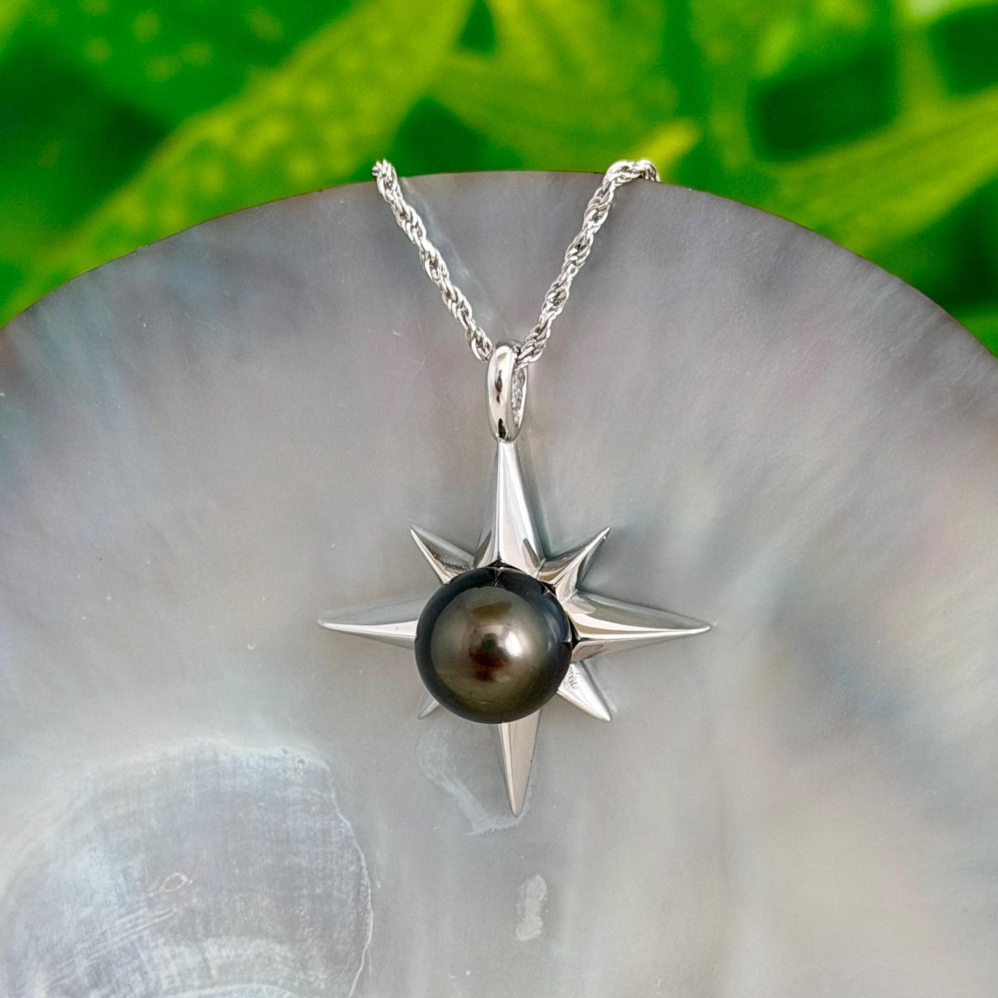 Tahitian Pearl Star Necklace: Sterling Silver Starburst Pendant, Hawaiian Jewelry