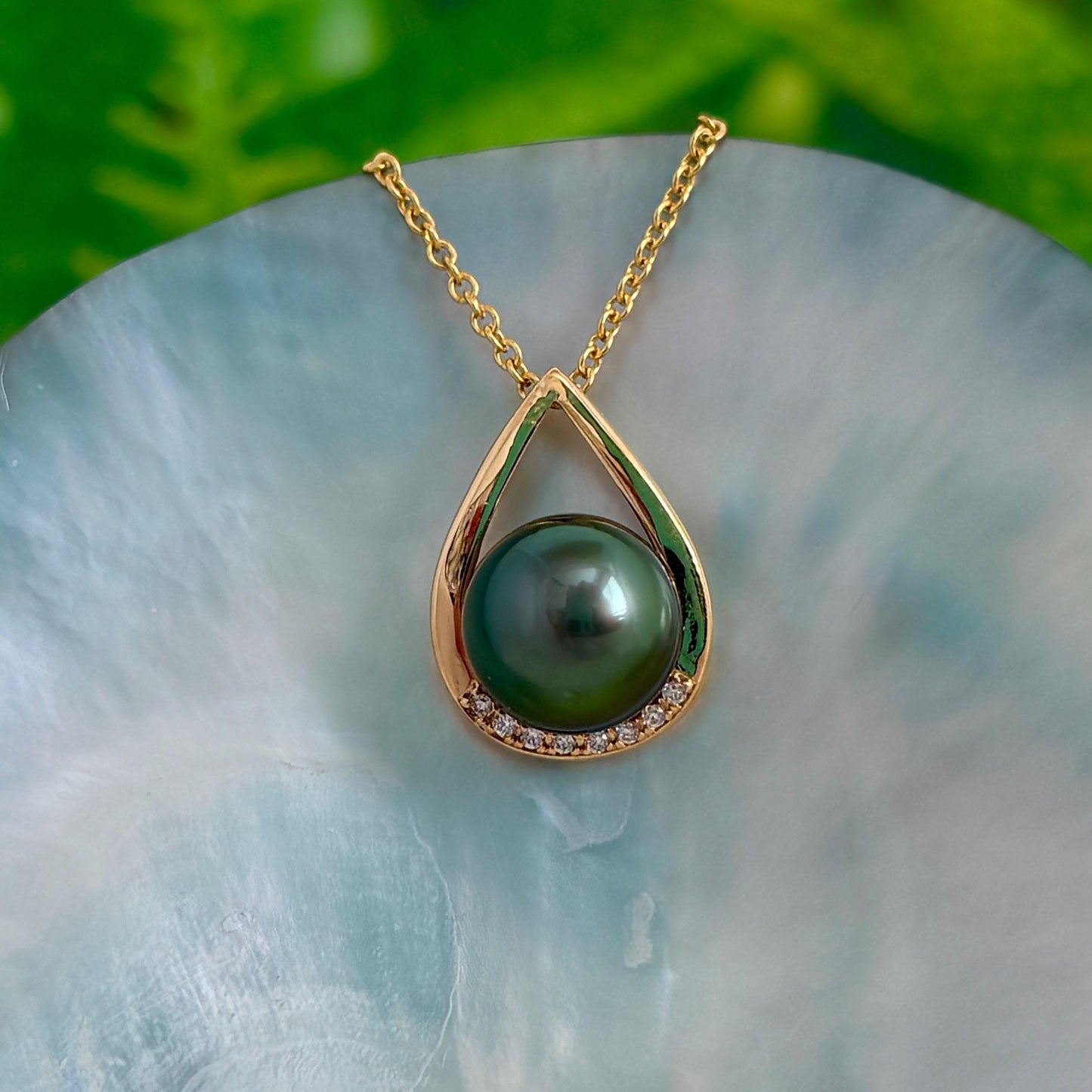 Tahitian pearl pendant • peacock color • teardrop necklace with CZ