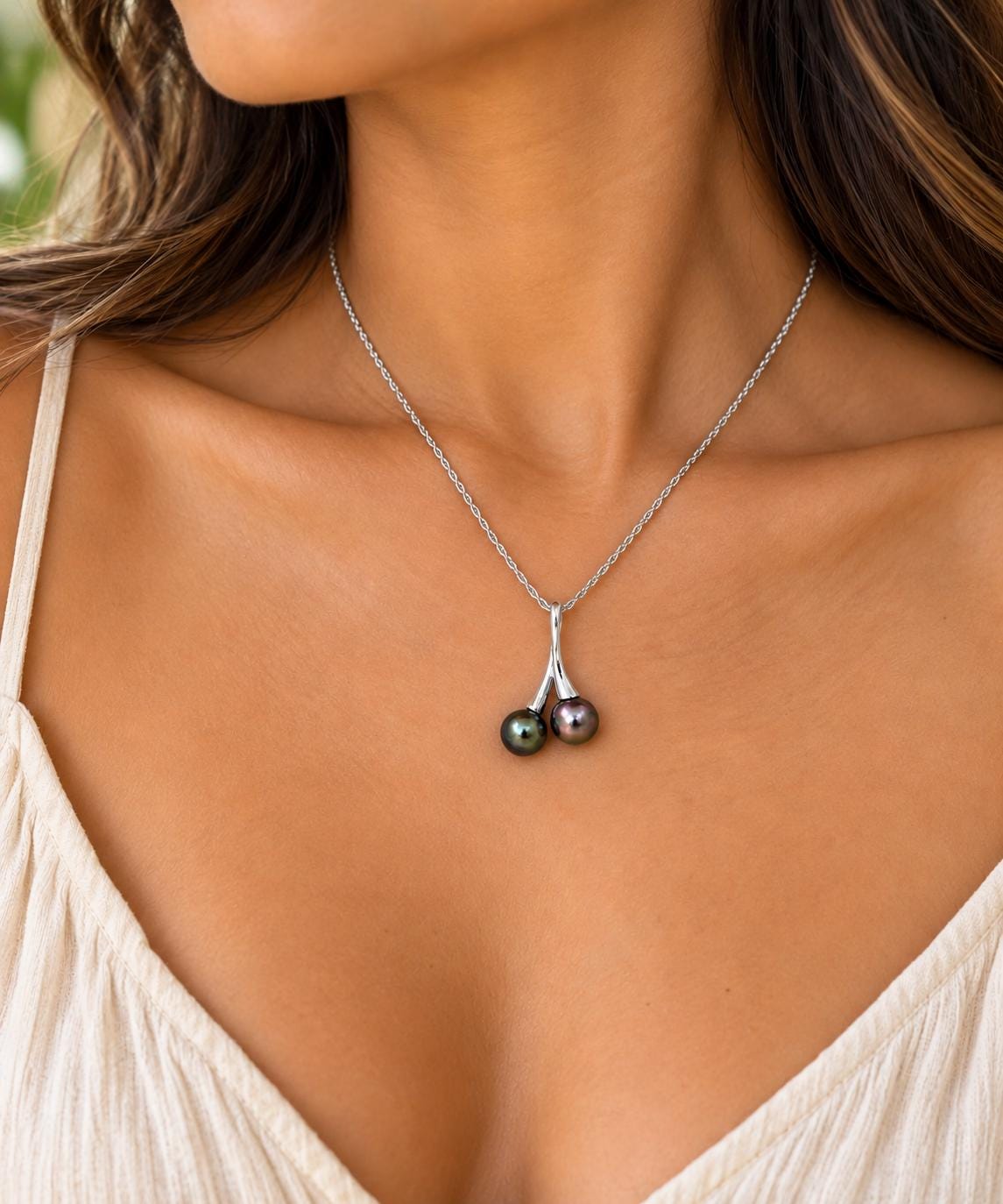 Tahitian pearl necklace • Double pendant • Silver Duo design • Green and Peacock Pink