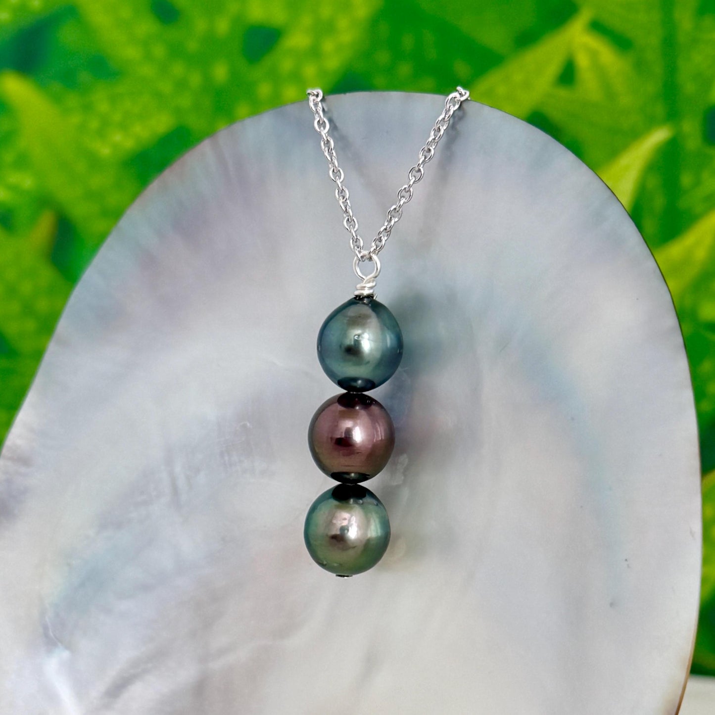 Tahitian Pearl Necklace • Triple • vertical bar • Blue, Red and Green color • Sterling silver
