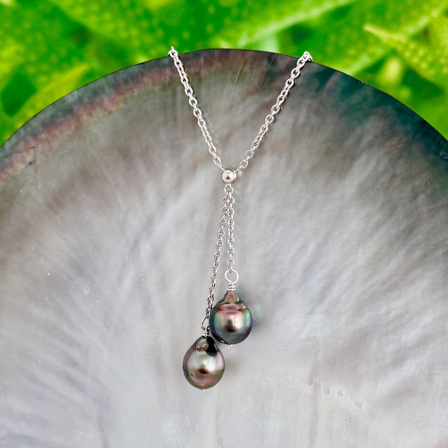 Tahitian Pearl Necklace • Double Drop Lariat Design • Pink Aubergine Peacock Blue color