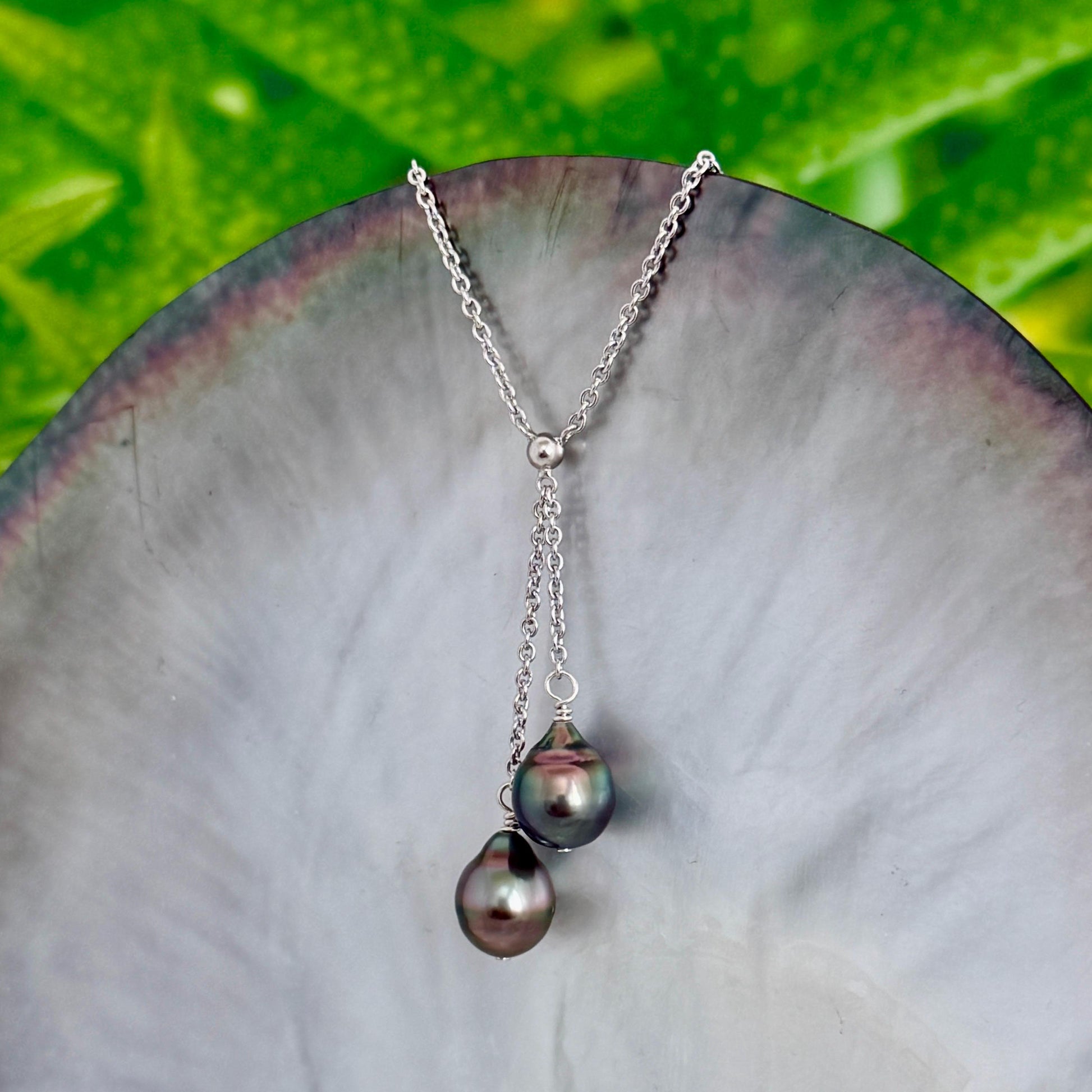 Tahitian Pearl Necklace • Double Drop Lariat Design • Pink Aubergine Peacock Blue color
