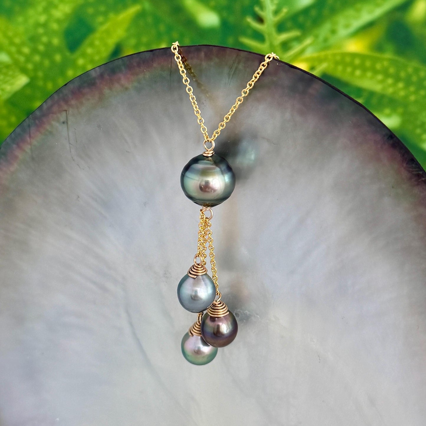 Tahitian pearl necklace • Multi drop design with four pearls • Gold filled