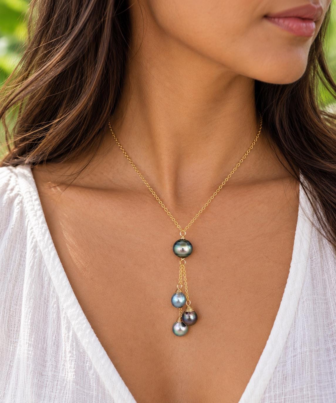 Tahitian pearl necklace • Multi drop design with four pearls • Gold filled