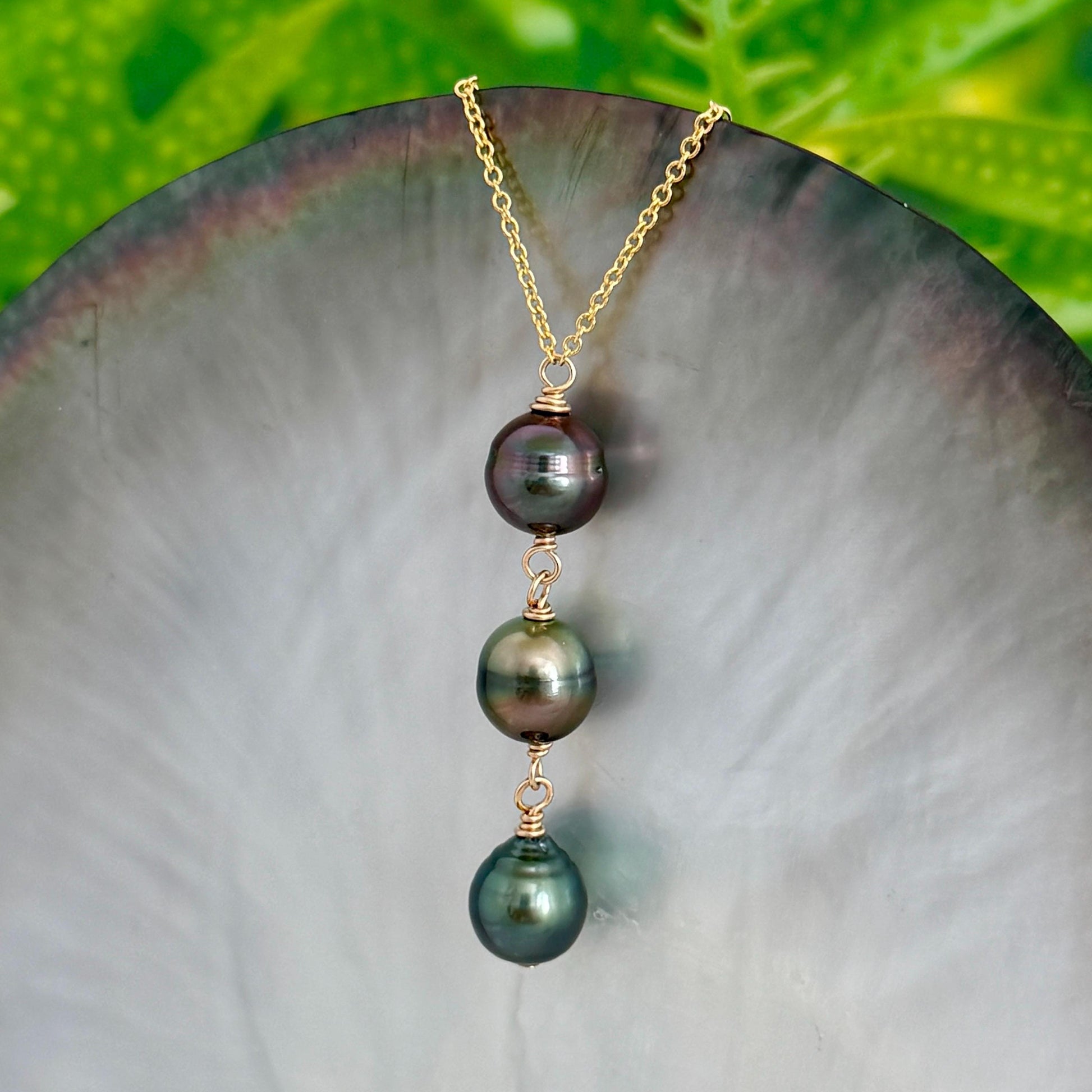 Tahitian Pearl Drop Necklace • Triple • Trio • 14k Gold-Filled • Aubergine, Pistachio and Green