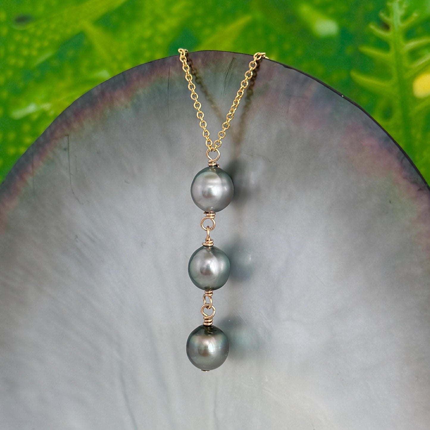 Tahitian Pearl Drop Necklace • Triple • Trio • 14k Gold-Filled • Silver Light Color