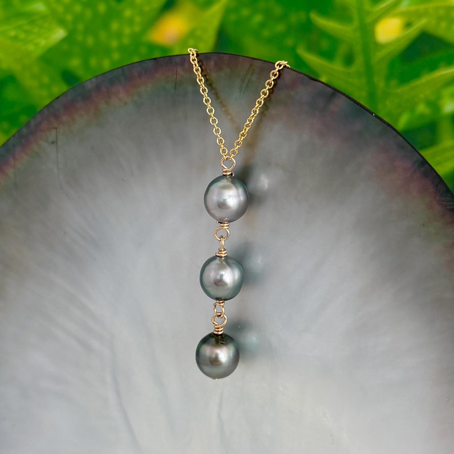 Tahitian Pearl Drop Necklace • Triple • Trio • 14k Gold-Filled • Silver Light Color