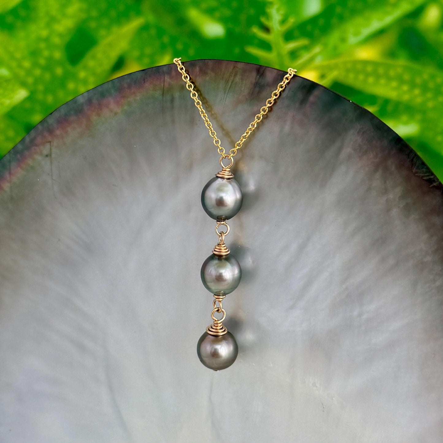 Tahitian Pearl Drop Necklace • Triple • Trio • 14k Gold-Filled • Pastel Peacock Color