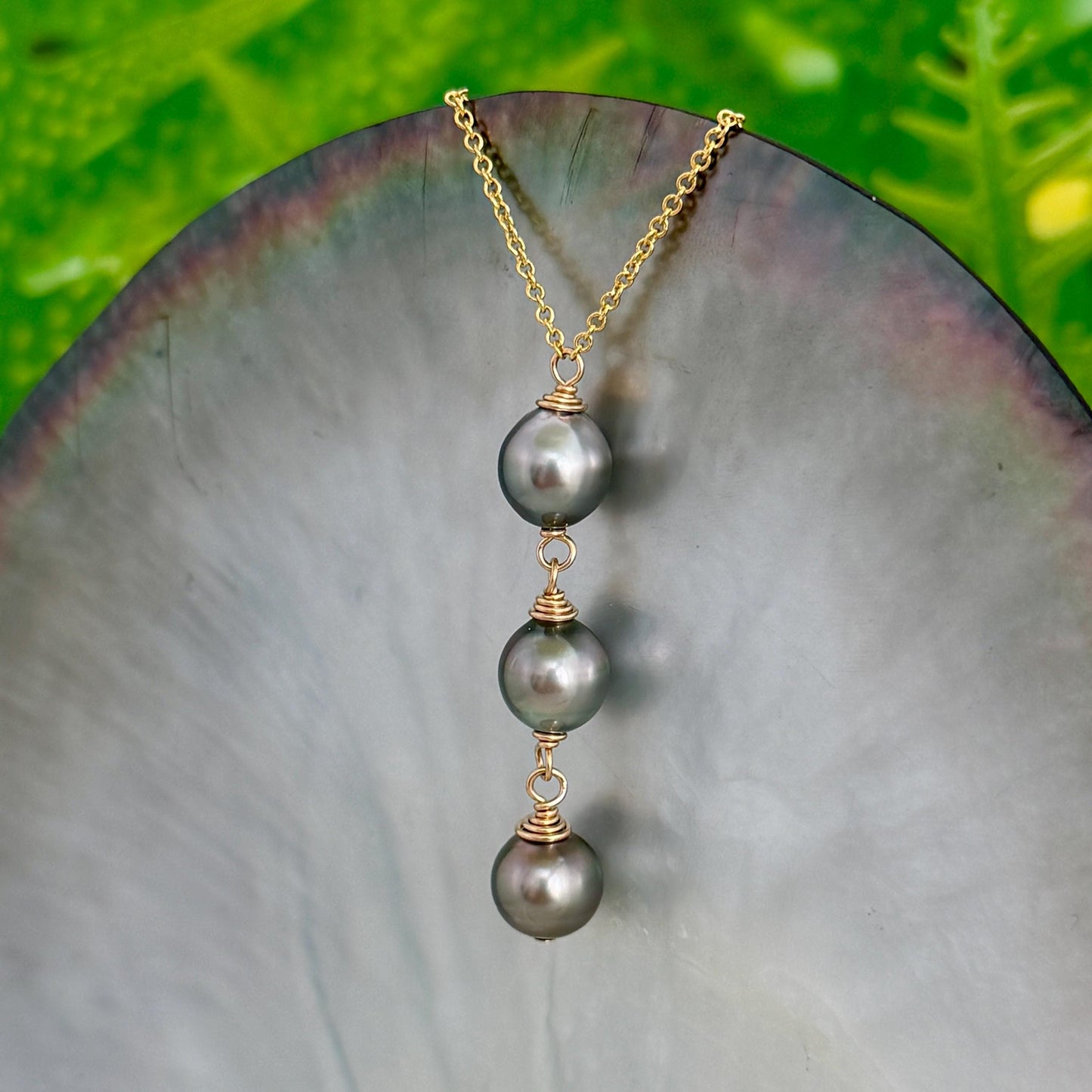 Tahitian Pearl Drop Necklace • Triple • Trio • 14k Gold-Filled • Pastel Peacock Color