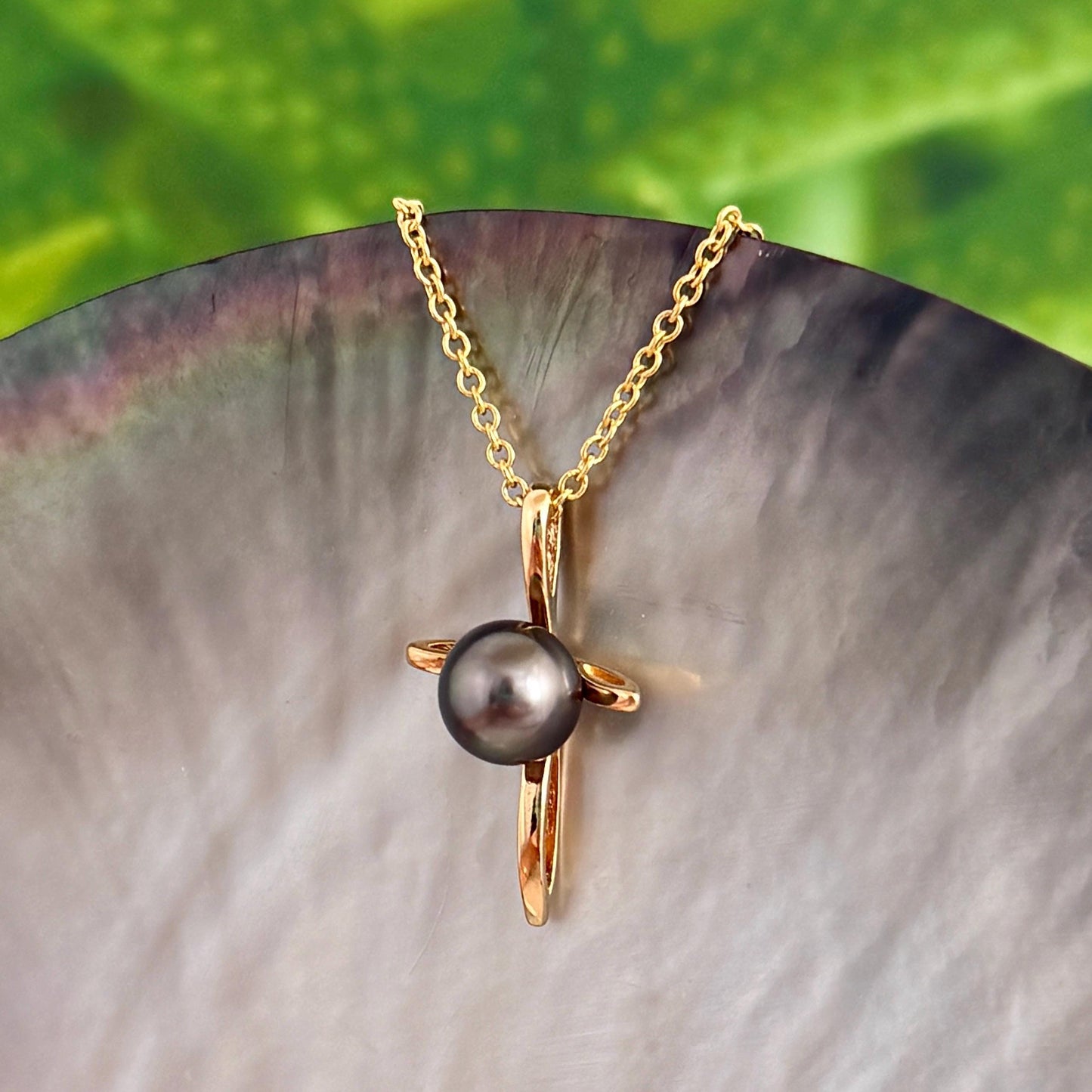 Tahitian Pearl Pendant • 14k Gold plated Cross • Peacock Pink and Green