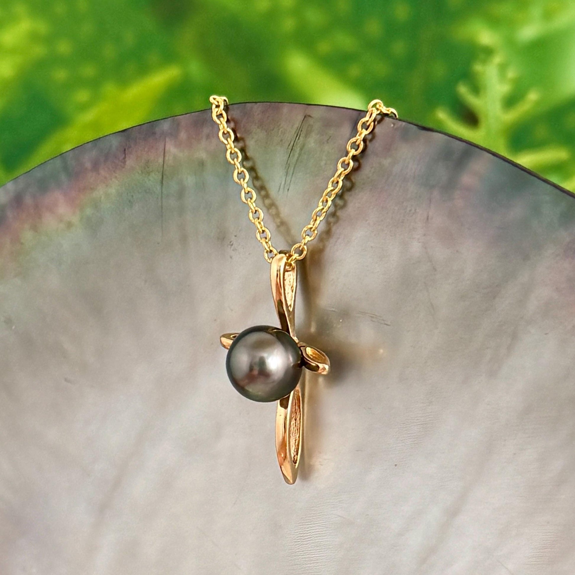Tahitian Pearl Pendant • 14k Gold plated Cross • Peacock Pink and Green
