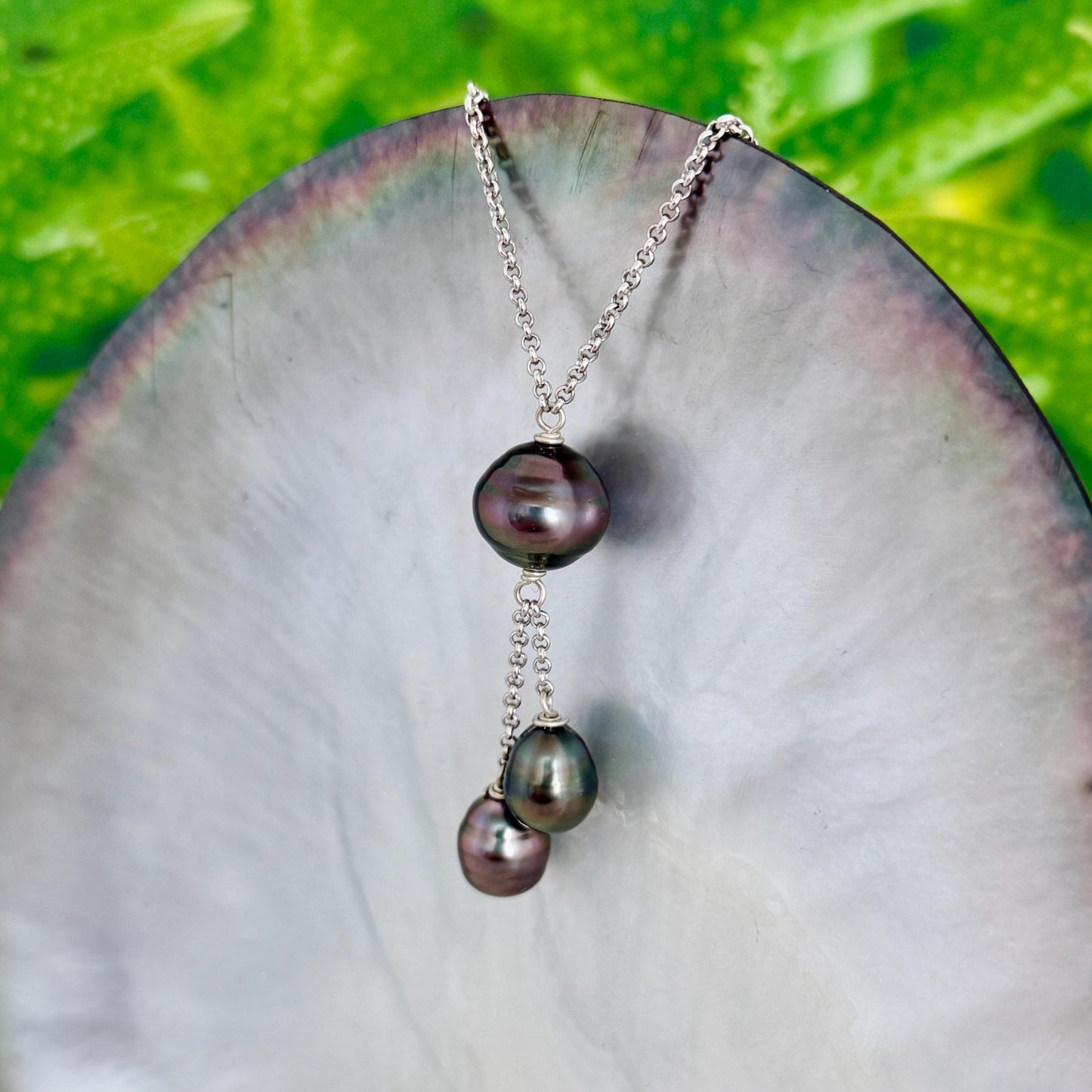 Tahitian pearl necklace with 3 pearls • Dangle Sterling Silver jewelry