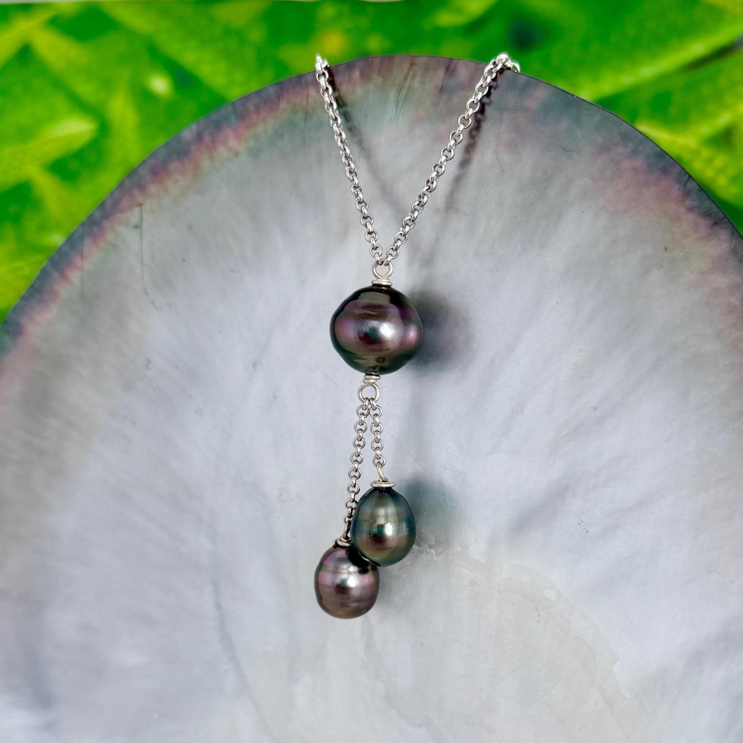 Tahitian pearl necklace with 3 pearls • Dangle Sterling Silver jewelry