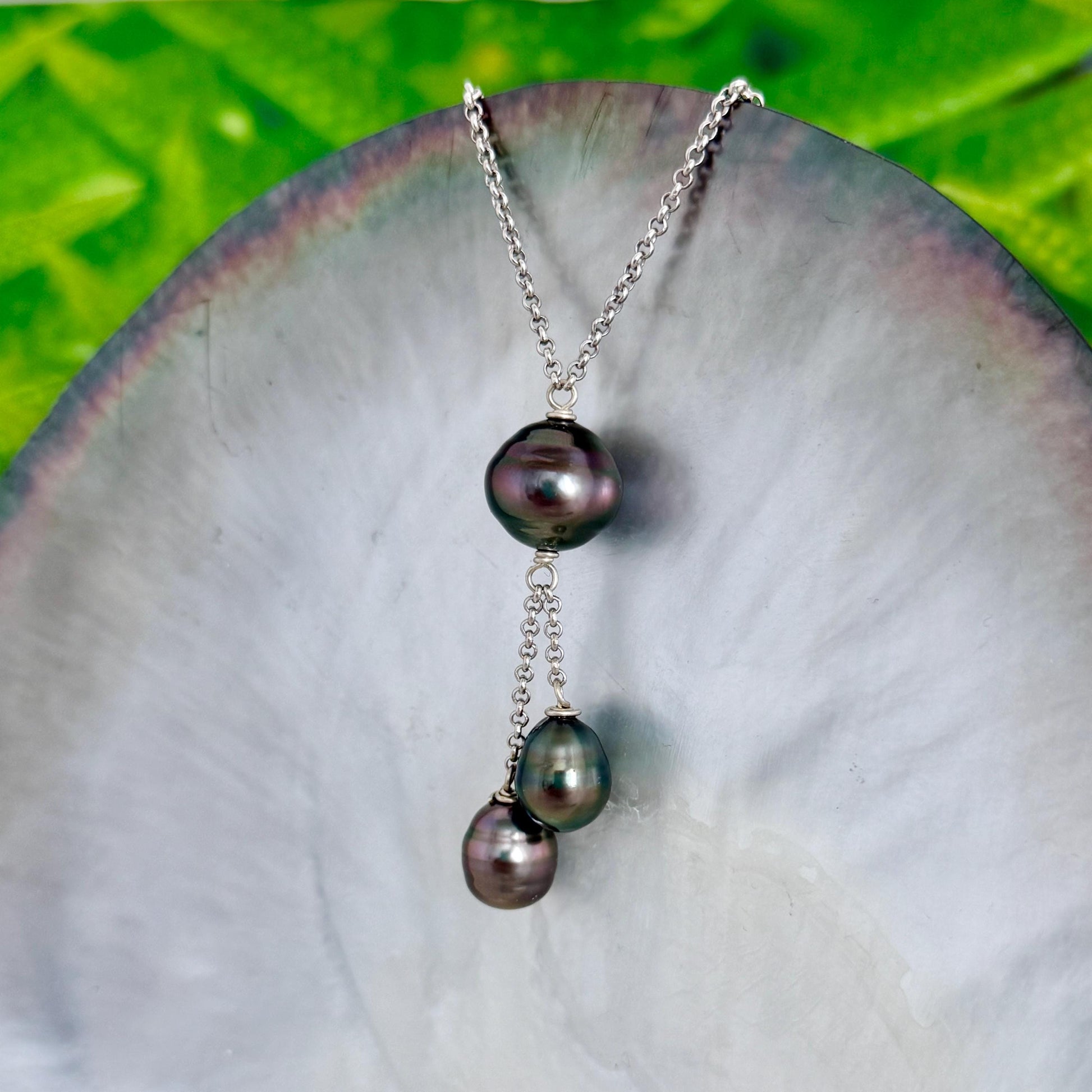 Tahitian pearl necklace with 3 pearls • Dangle Sterling Silver jewelry