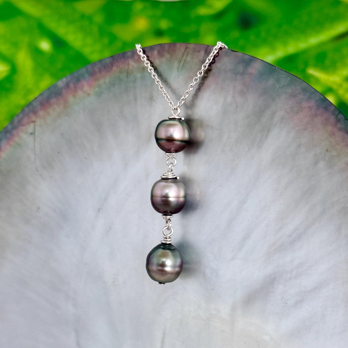 Tahitian Pearl Drop Necklace • Triple • Trio • Sterling silver