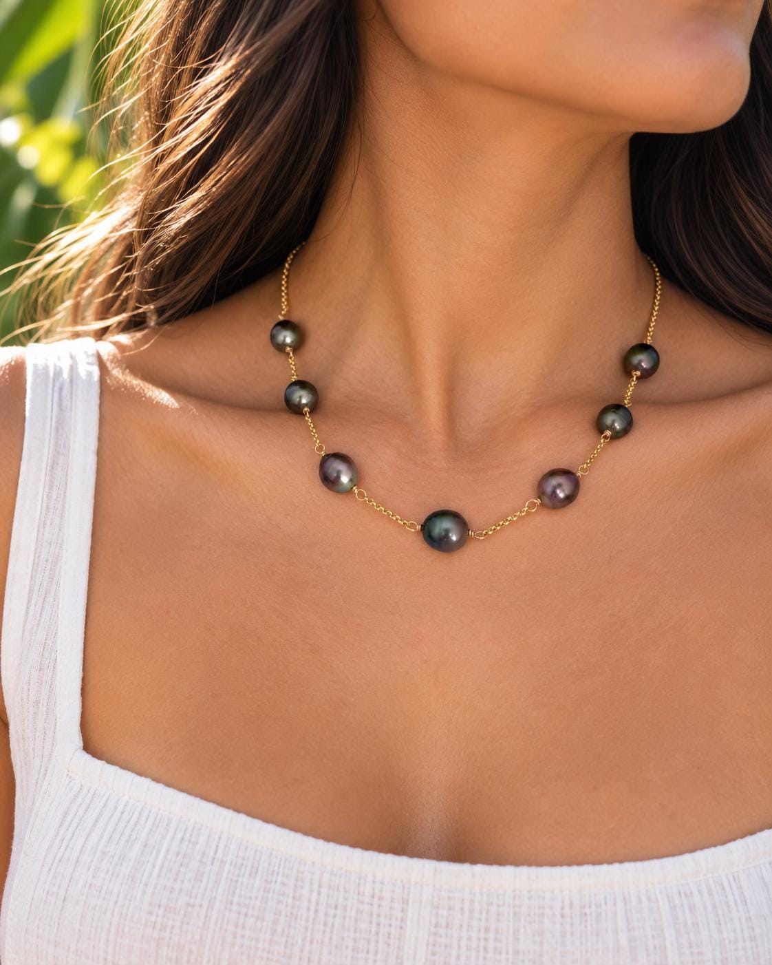 Tahitian pearl necklace • Gold filled Link chain • multicolor peacock, aubergine color